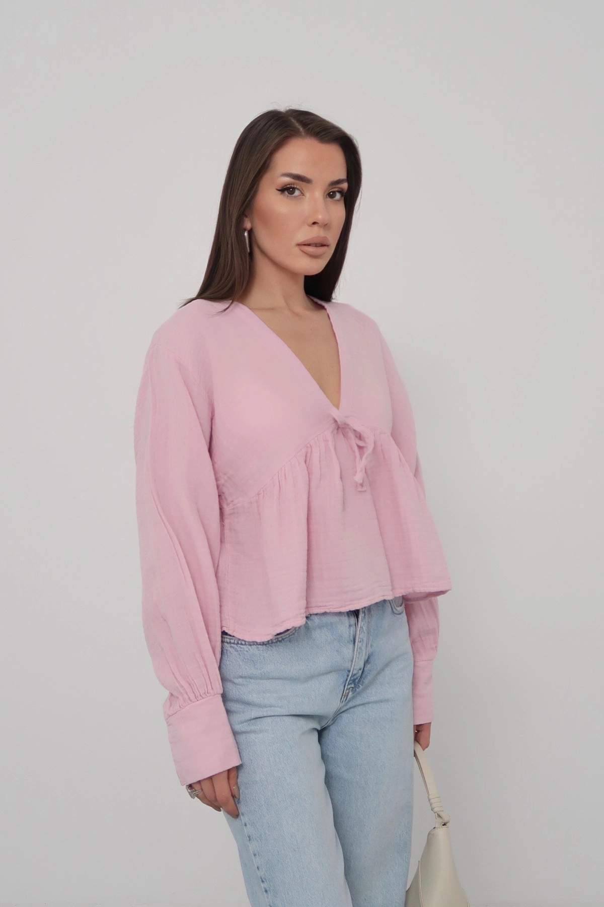Kadın Pudra V Yaka Önü Bağcıklı Salaş Uzun Kollu Bluz