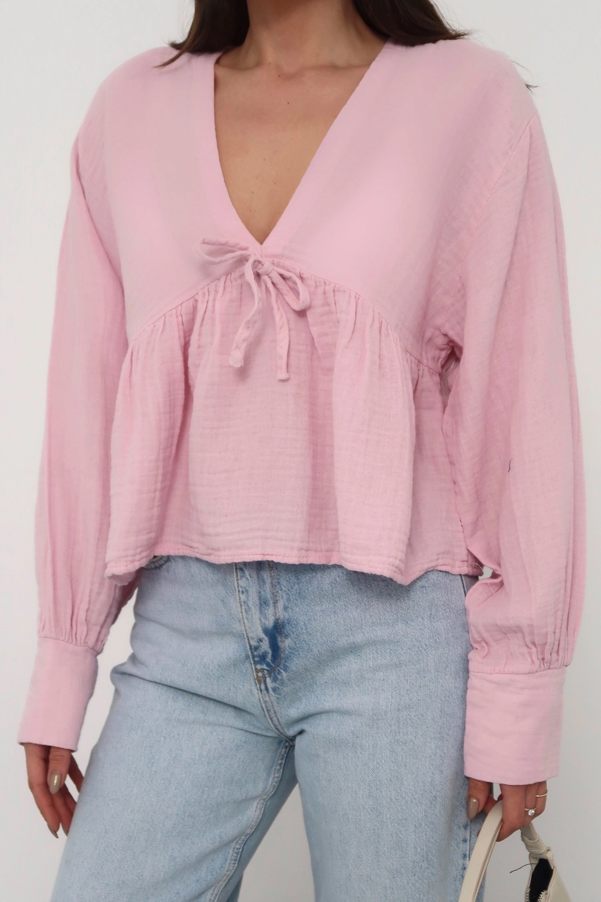 Kadın Pudra V Yaka Önü Bağcıklı Salaş Uzun Kollu Bluz