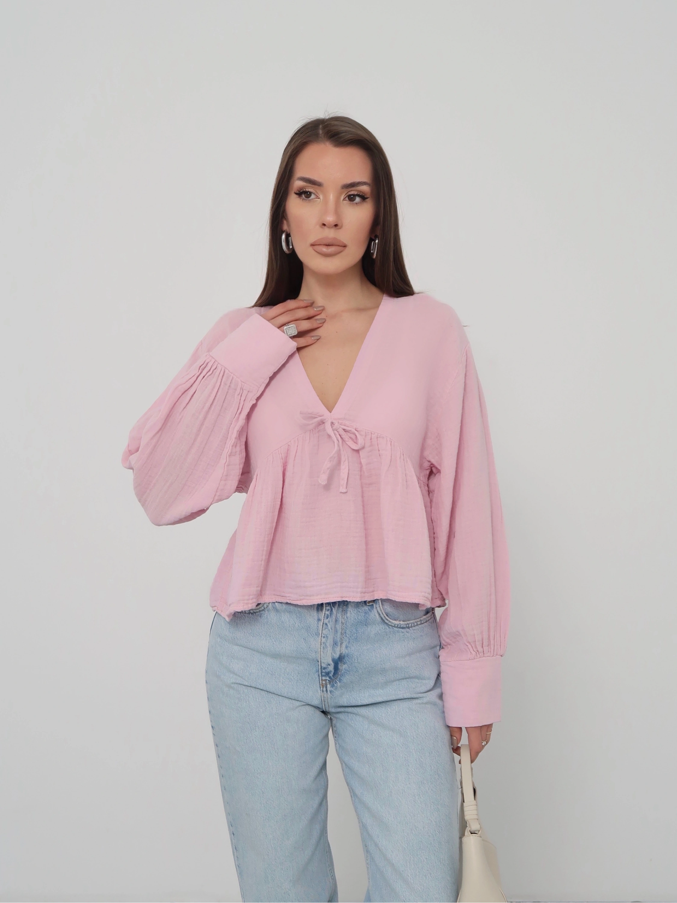 Kadın Pudra V Yaka Önü Bağcıklı Salaş Uzun Kollu Bluz