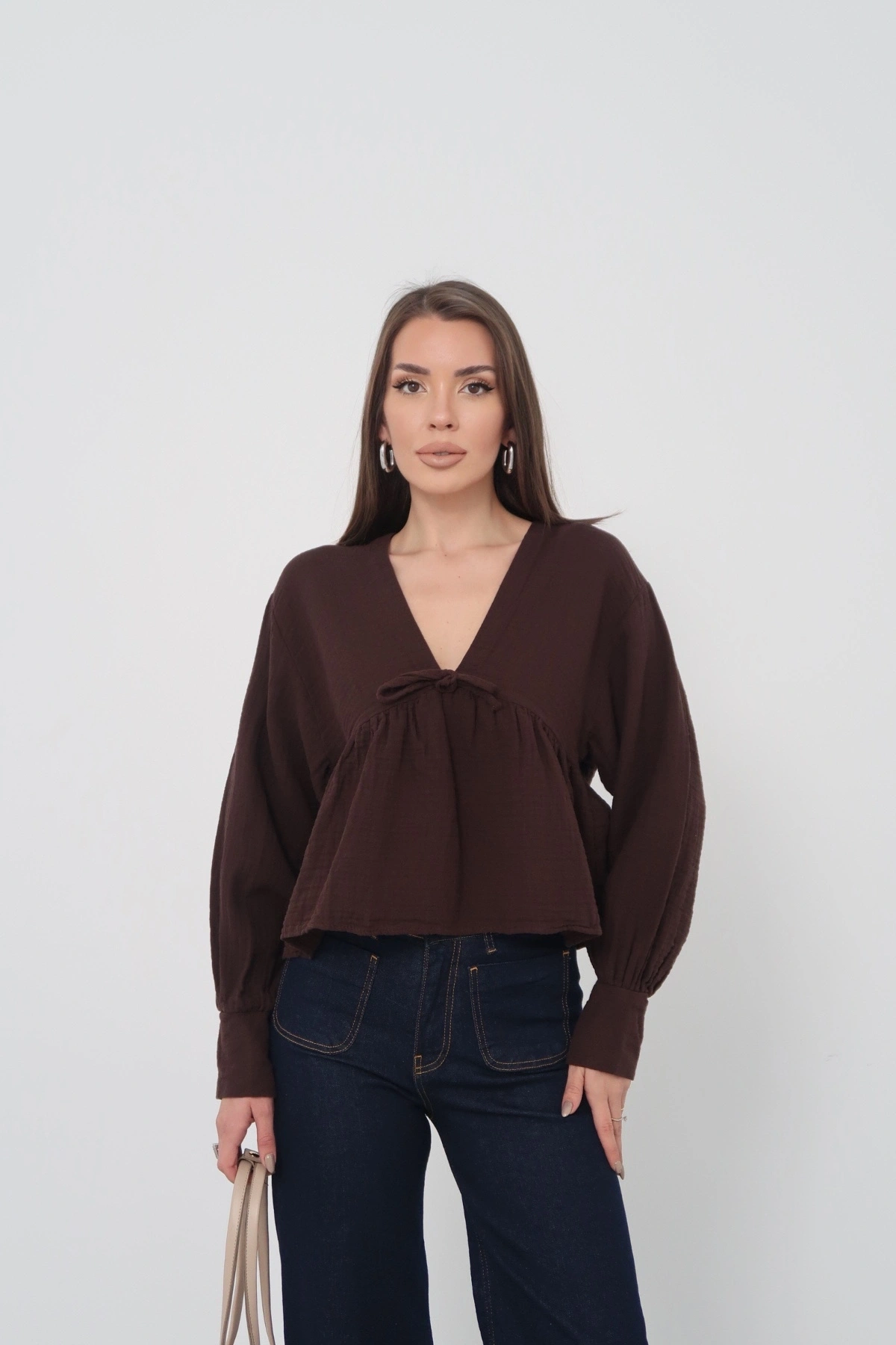 Kadın Acı Kahverengi V Yaka Önü Bağcıklı Salaş Uzun Kollu Bluz