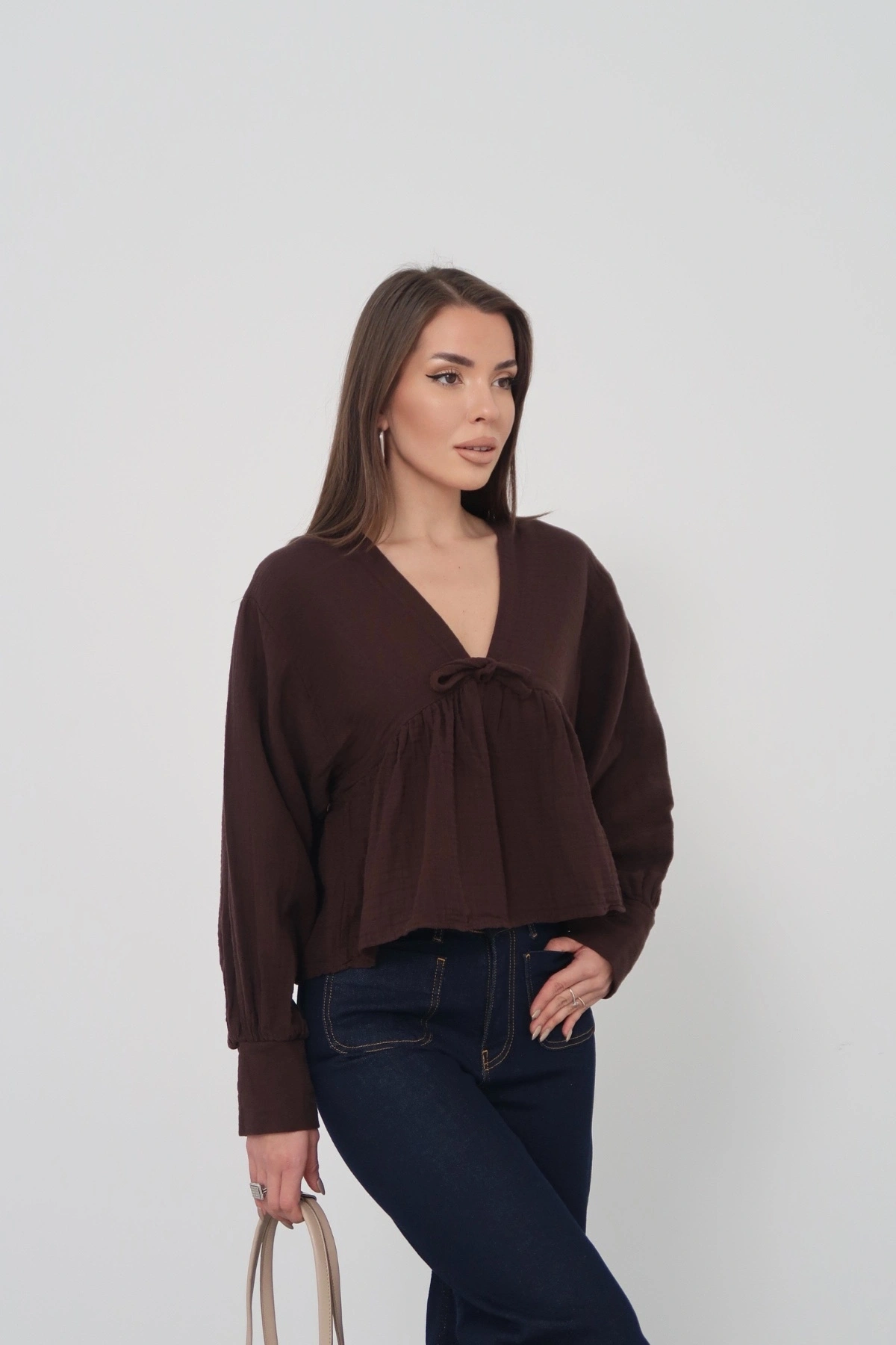 Kadın Acı Kahverengi V Yaka Önü Bağcıklı Salaş Uzun Kollu Bluz