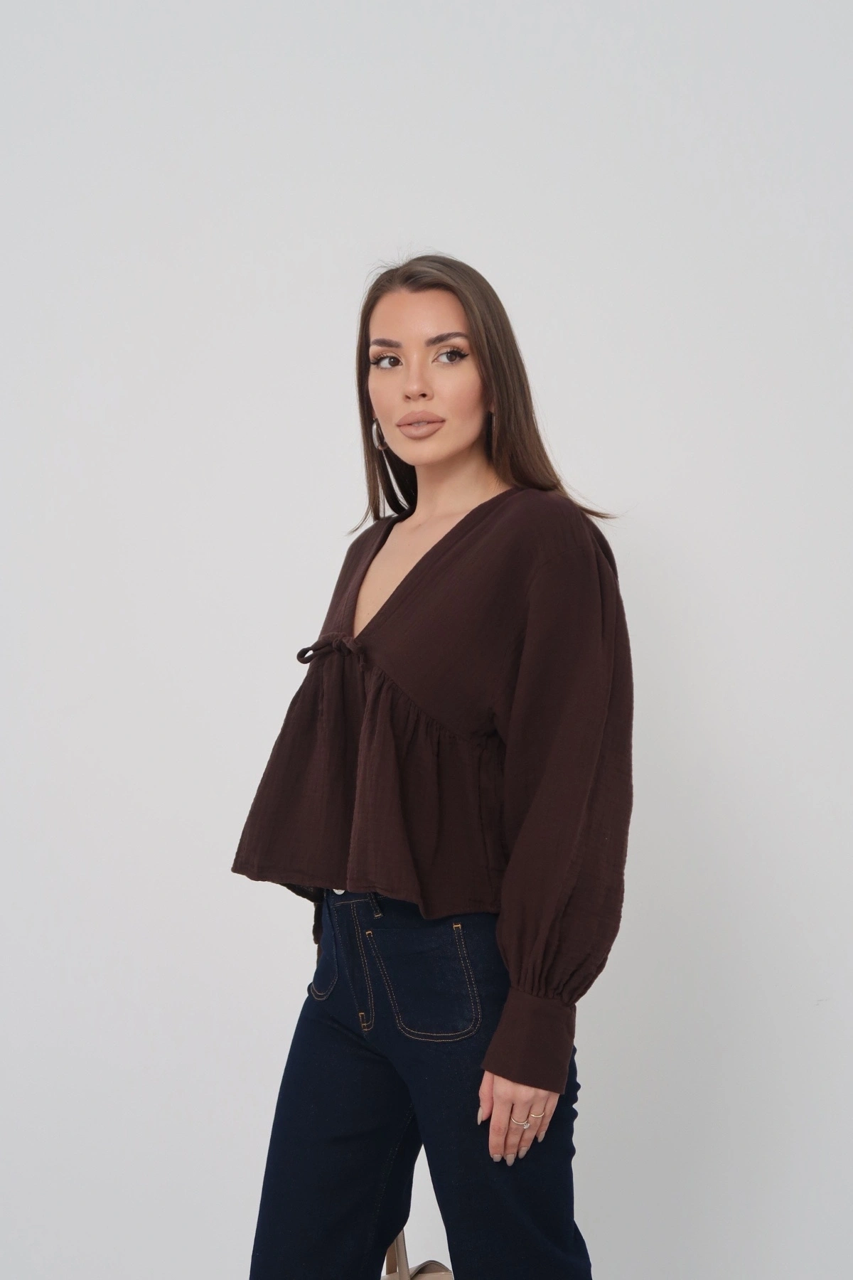 Kadın Acı Kahverengi V Yaka Önü Bağcıklı Salaş Uzun Kollu Bluz