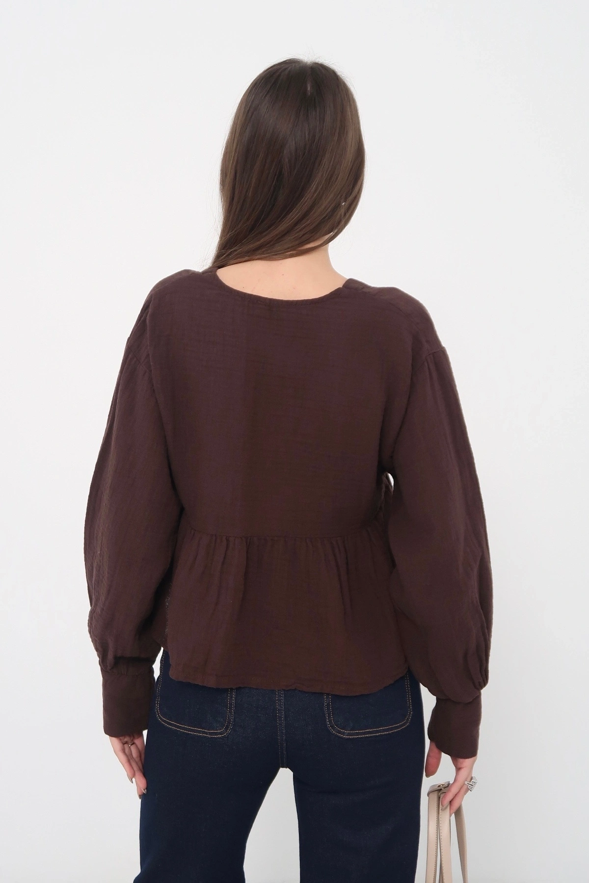 Kadın Acı Kahverengi V Yaka Önü Bağcıklı Salaş Uzun Kollu Bluz