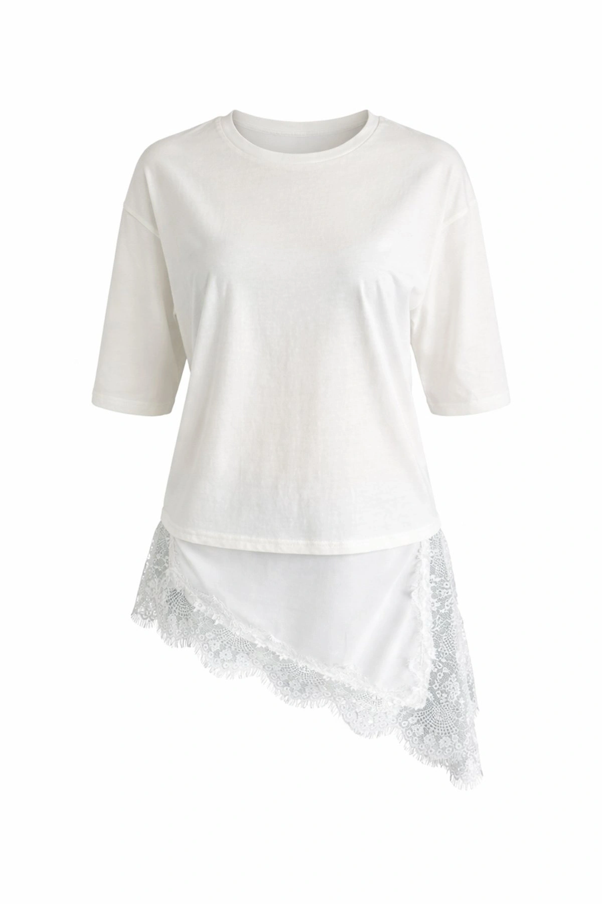Kadın Beyaz Asimetrik Kesim Şık Dantel Detaylı Salaş Oversize Tişört