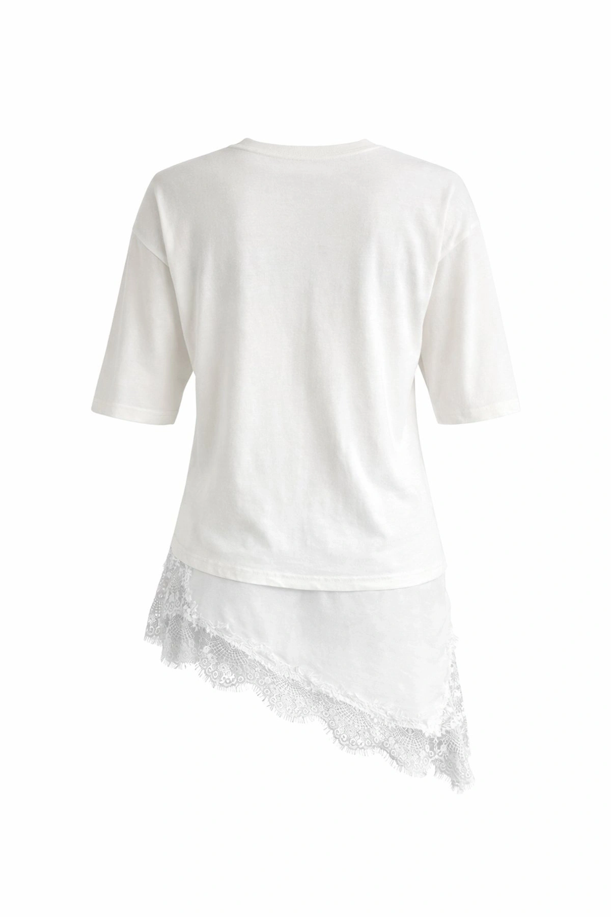 Kadın Beyaz Asimetrik Kesim Şık Dantel Detaylı Salaş Oversize Tişört