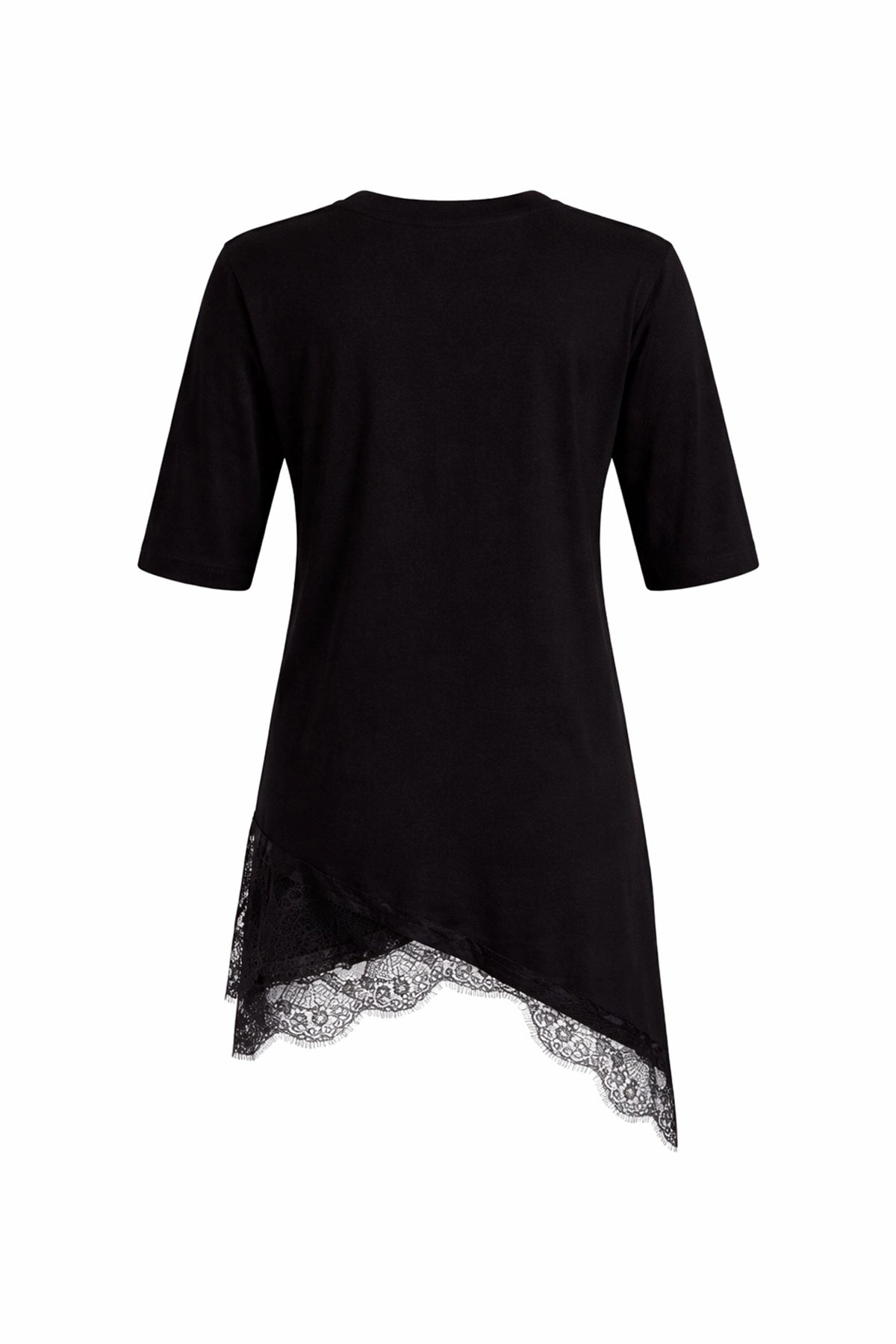 Kadın Siyah Asimetrik Kesim Şık Dantel Detaylı Salaş Oversize Tişört