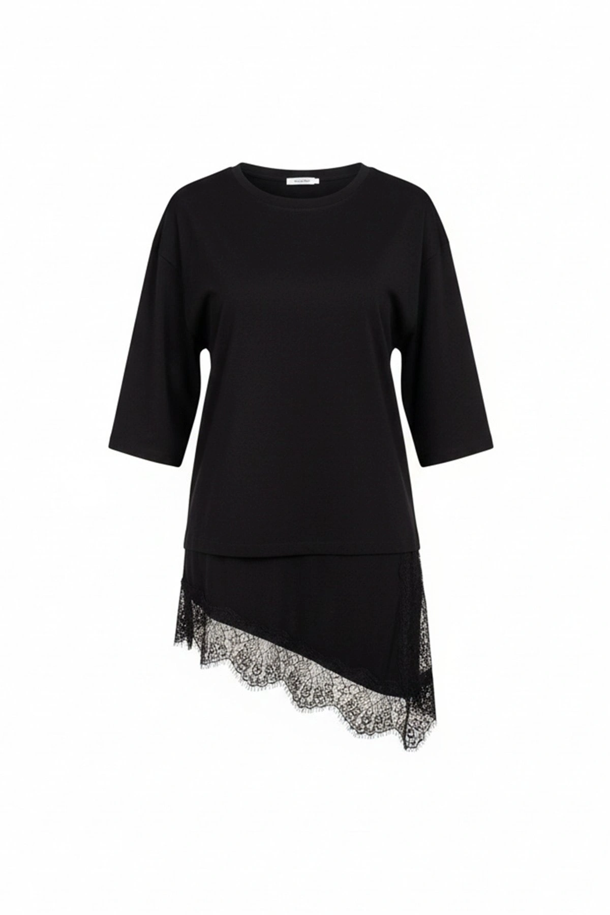 Kadın Siyah Asimetrik Kesim Şık Dantel Detaylı Salaş Oversize Tişört