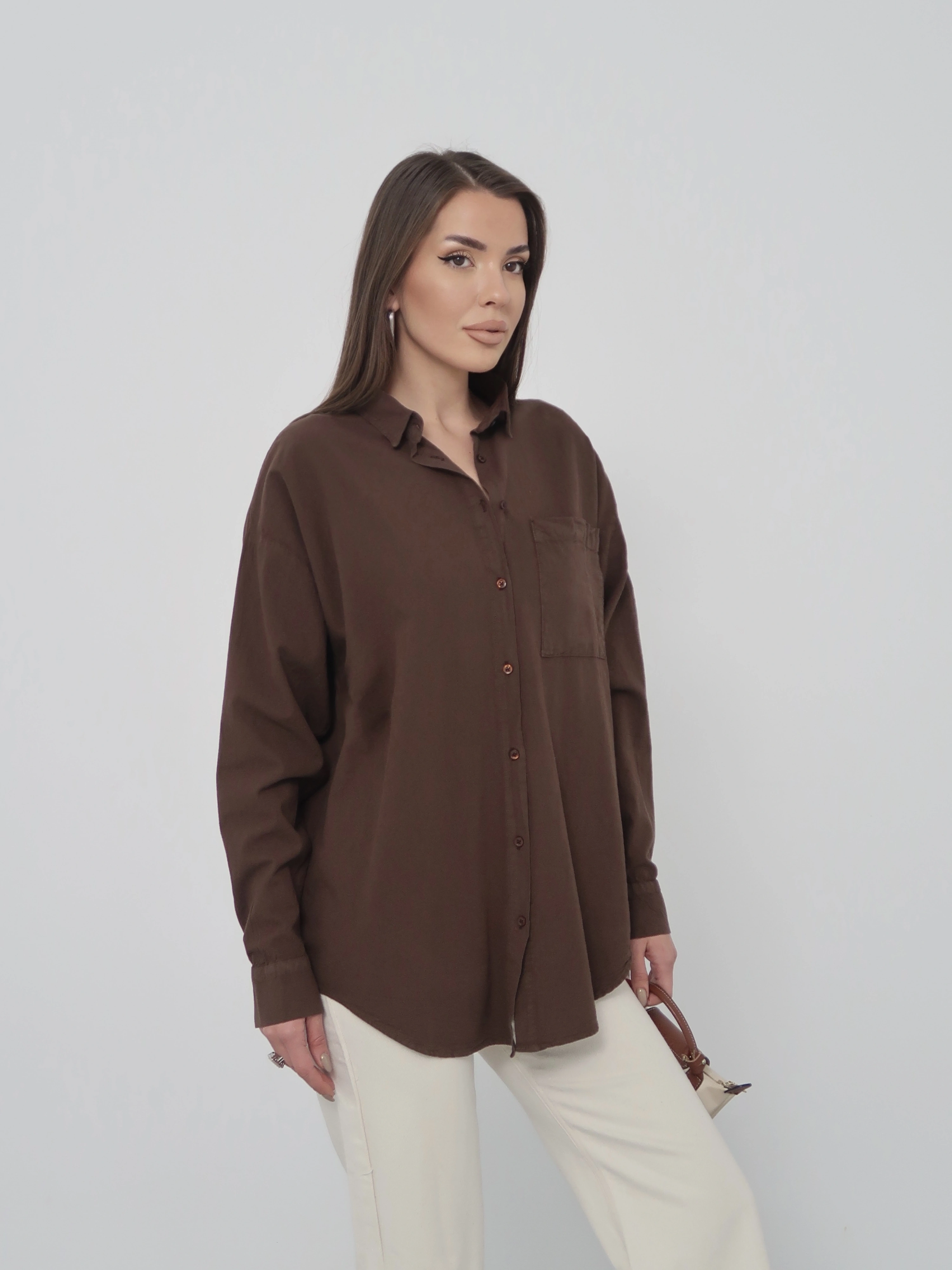 Kadın Kahverengi Ham Kumaş Cepli Gömlek