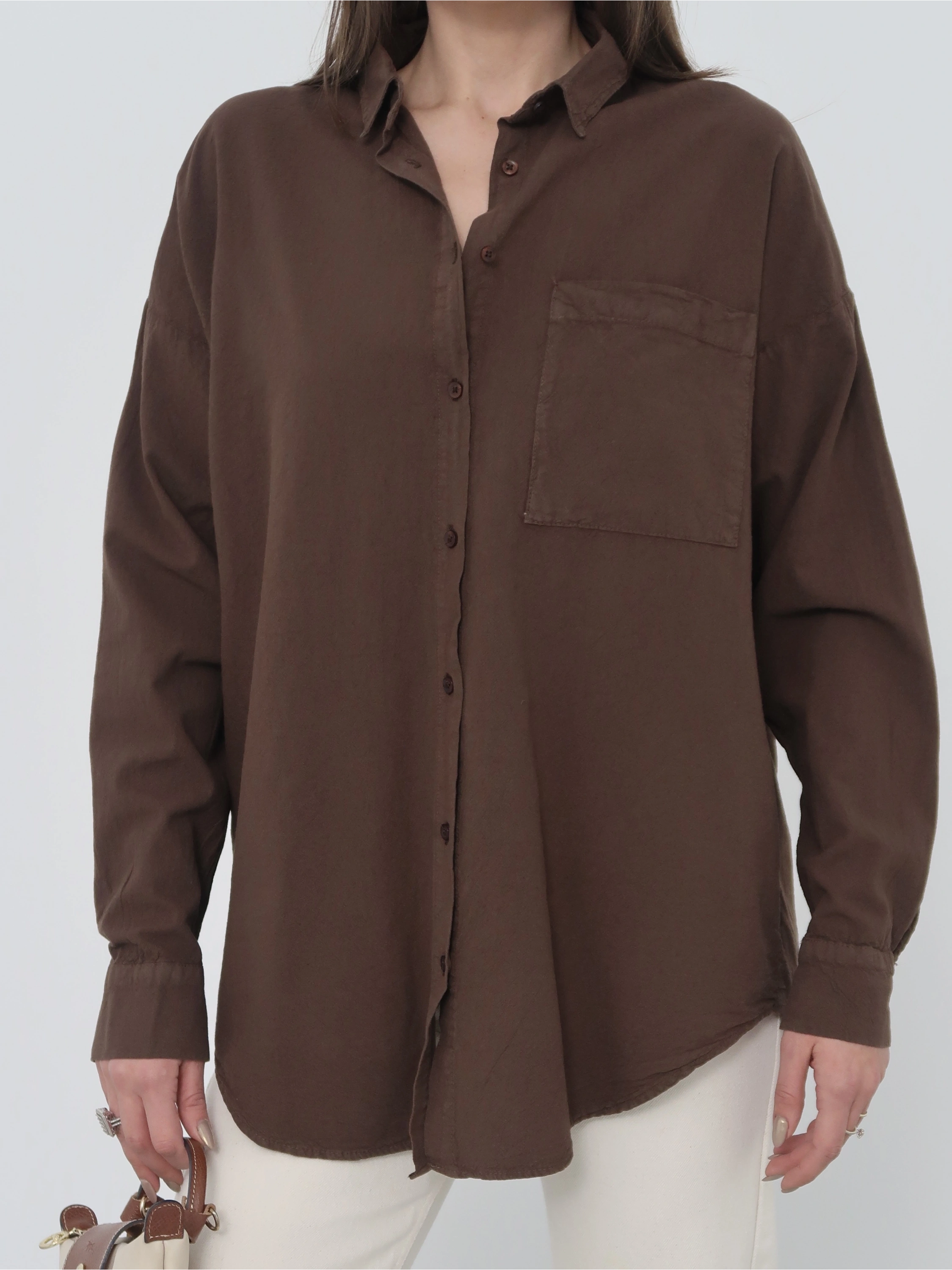 Kadın Kahverengi Ham Kumaş Cepli Gömlek
