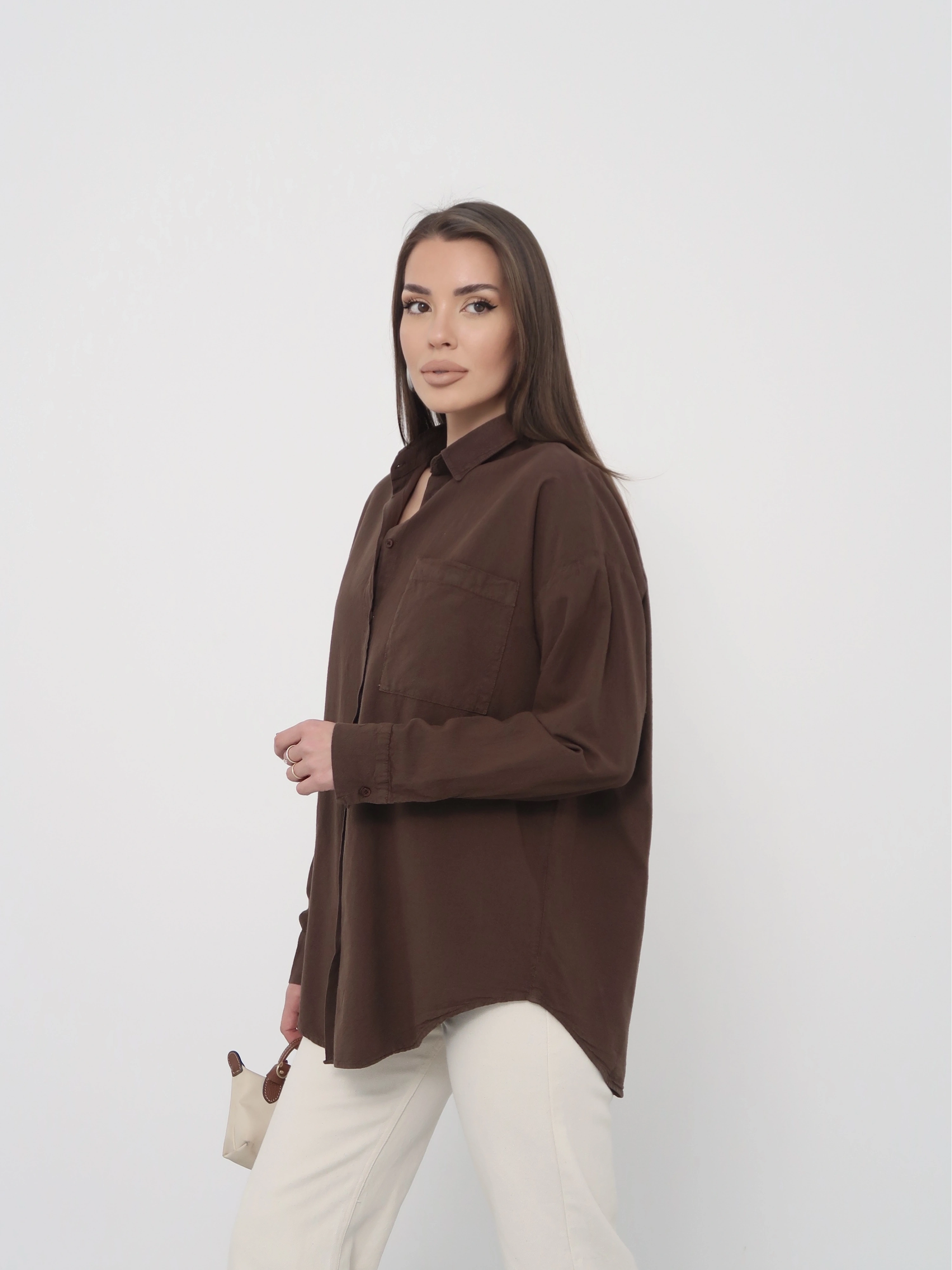 Kadın Kahverengi Ham Kumaş Cepli Gömlek