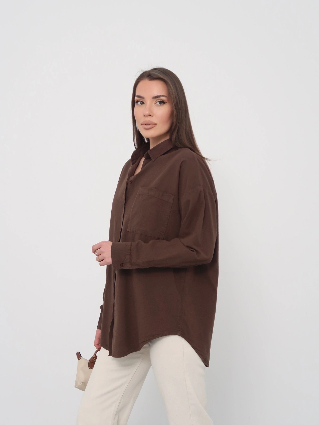 Kadın Kahverengi Ham Kumaş Cepli Gömlek