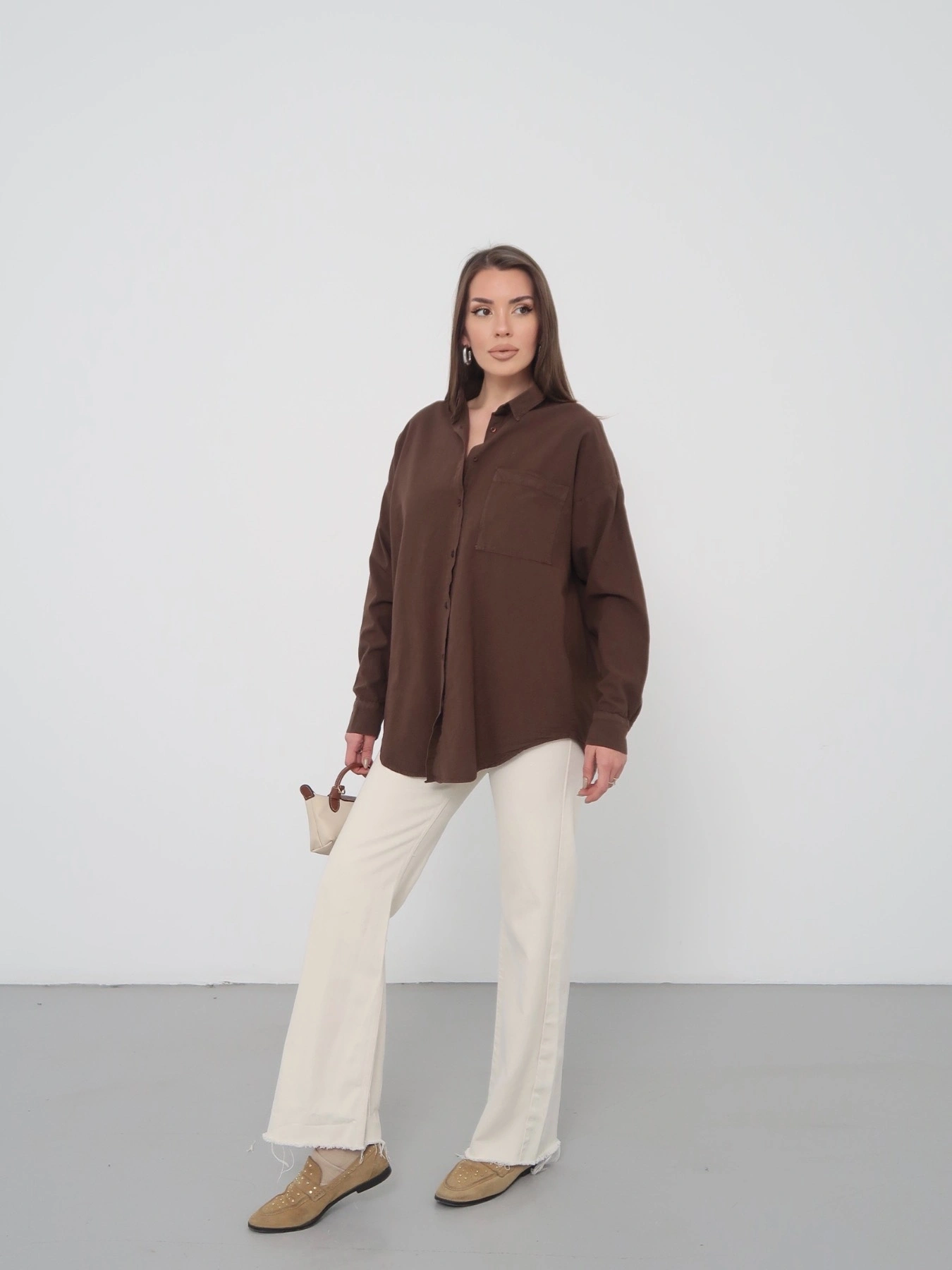 Kadın Kahverengi Ham Kumaş Cepli Gömlek