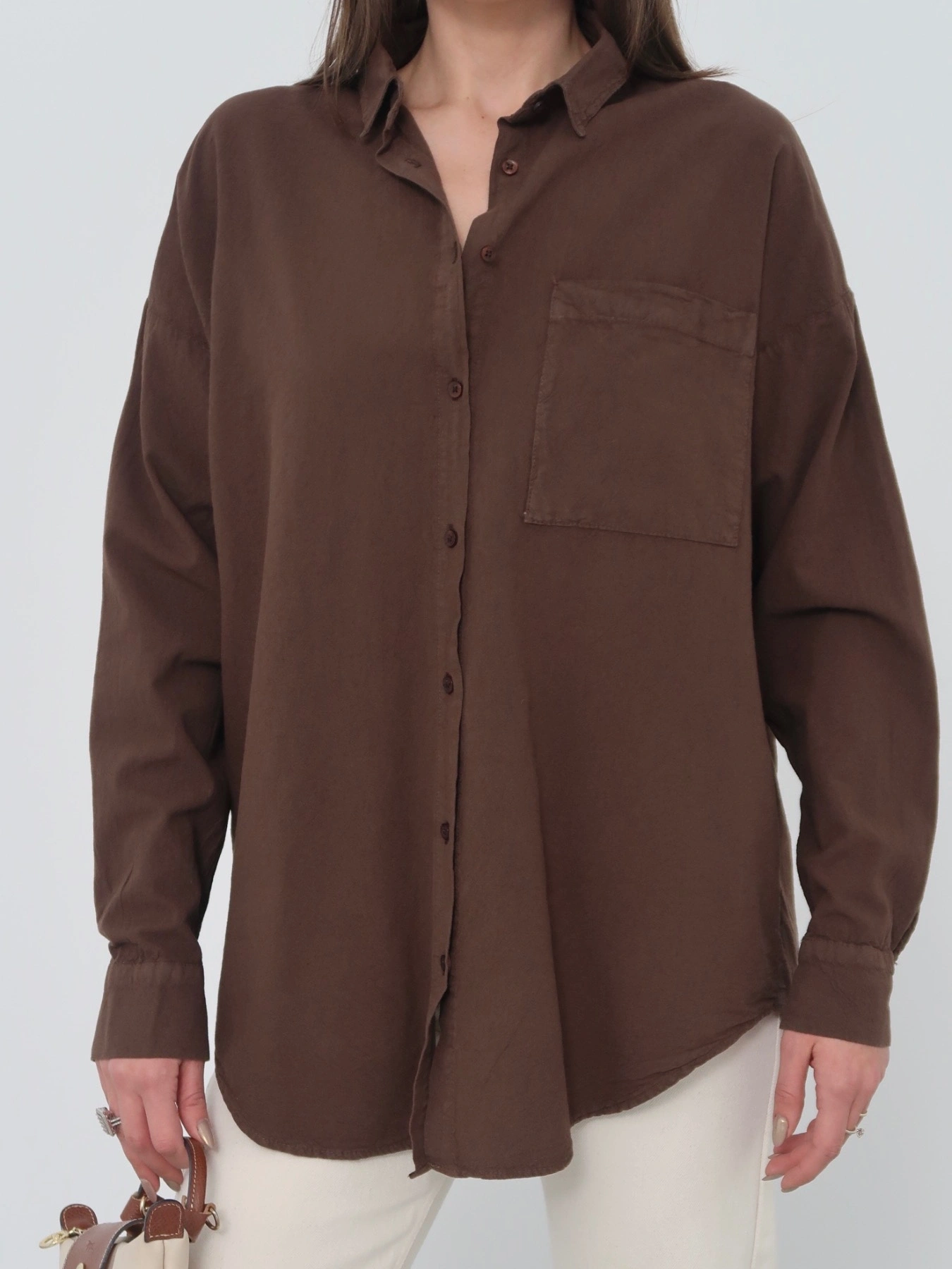 Kadın Kahverengi Ham Kumaş Cepli Gömlek