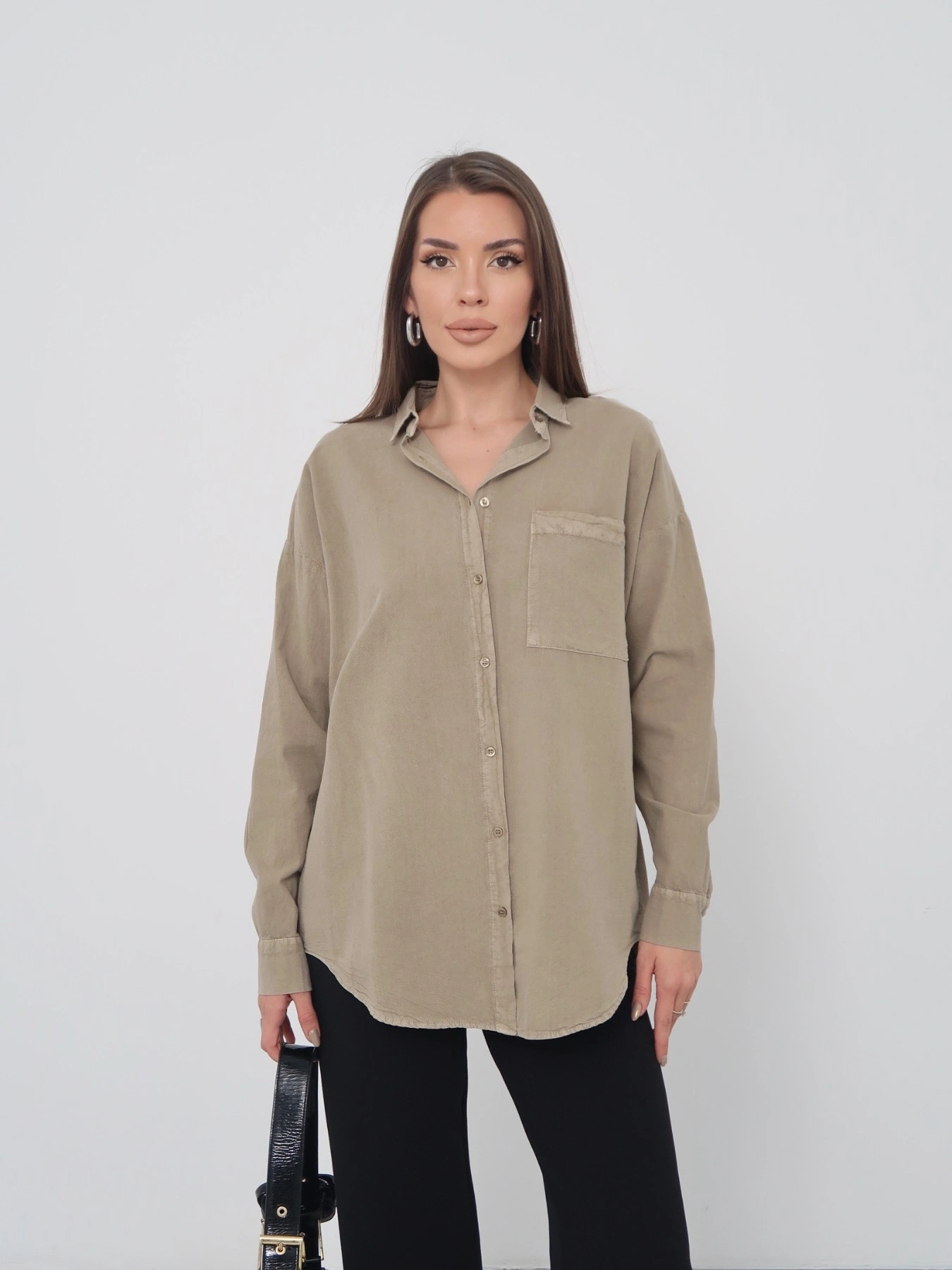 Kadın Haki Ham Kumaş Cepli Gömlek