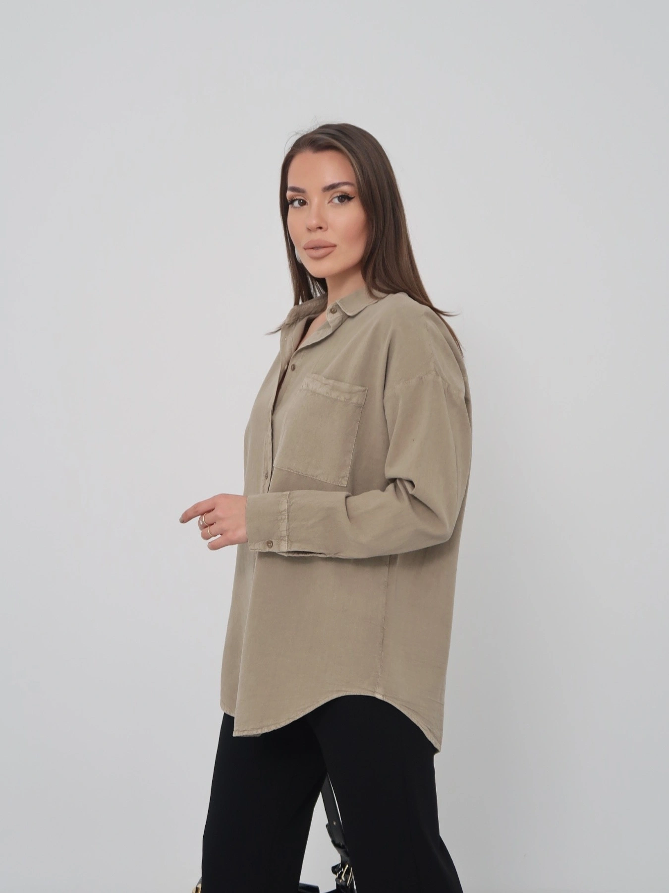 Kadın Haki Ham Kumaş Cepli Gömlek