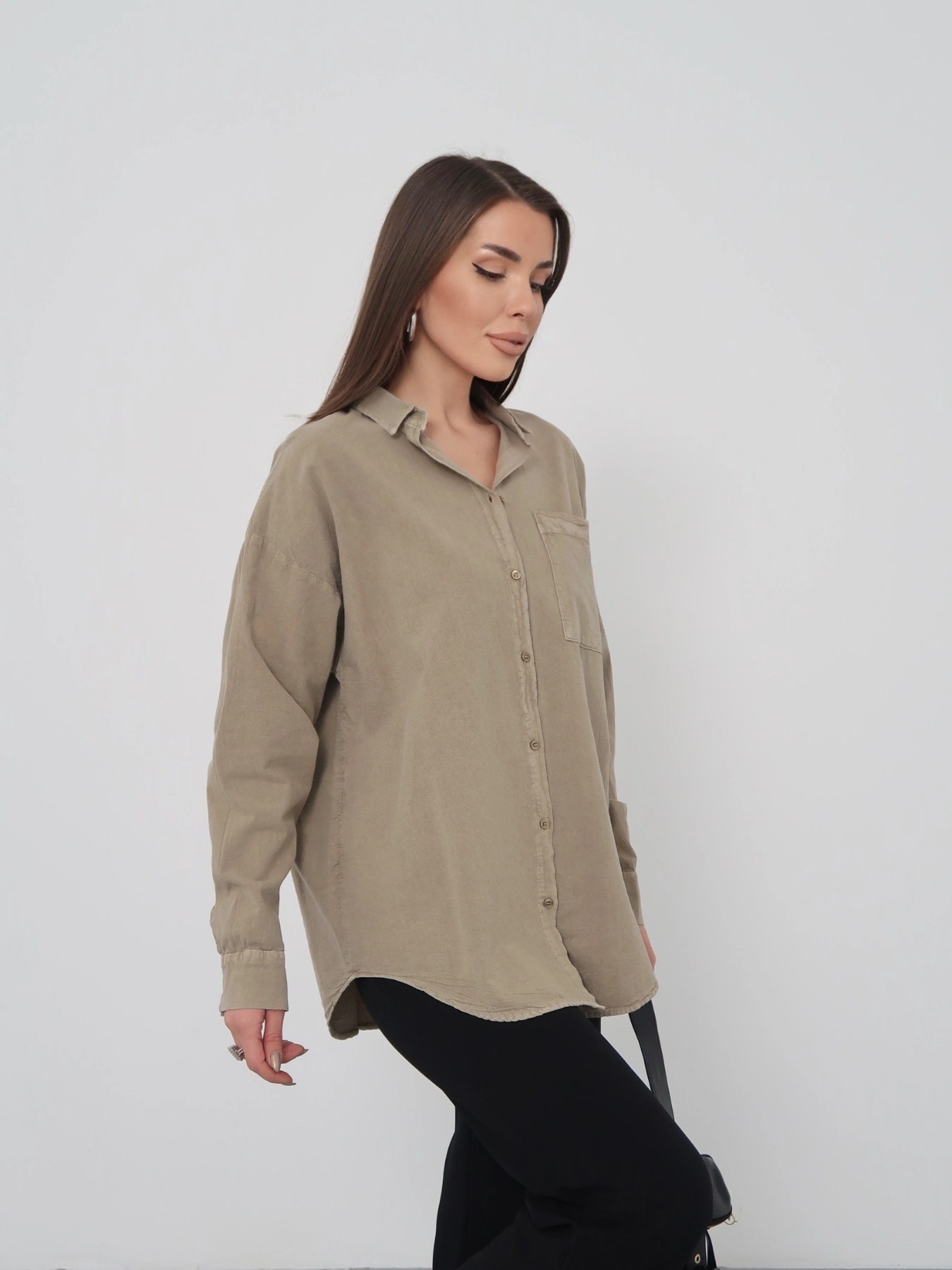 Kadın Haki Ham Kumaş Cepli Gömlek