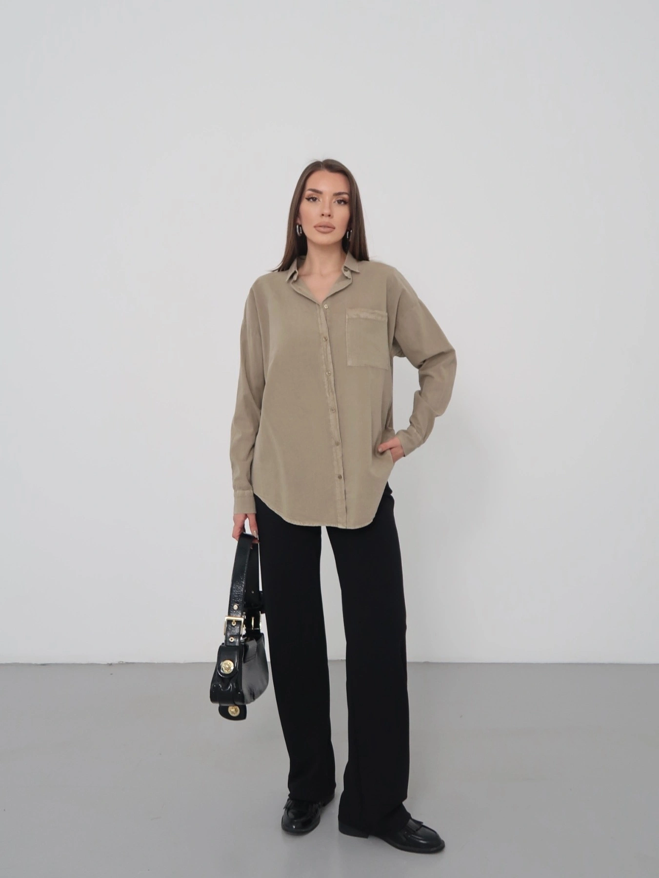 Kadın Haki Ham Kumaş Cepli Gömlek