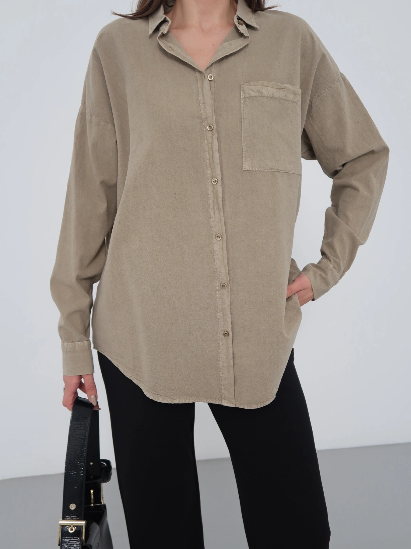 Kadın Haki Ham Kumaş Cepli Gömlek