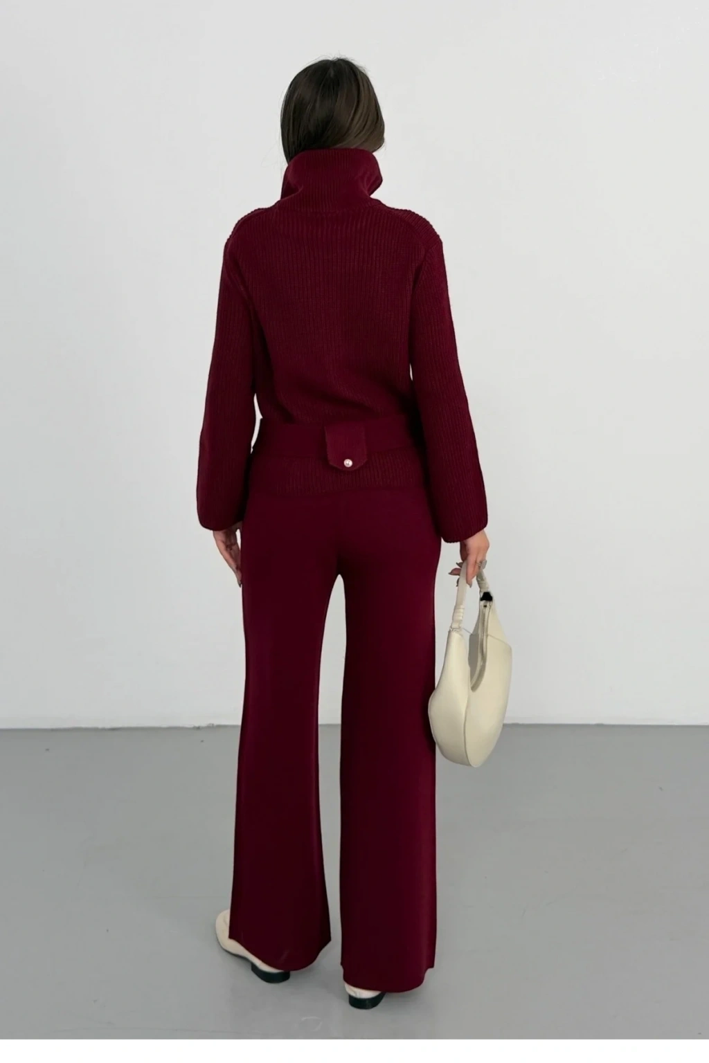 Kadın Acı Kahverengi Dik Yaka Kuşaklı Premium Kalite Triko Hırka Bol Paça Pantolon Triko Takım