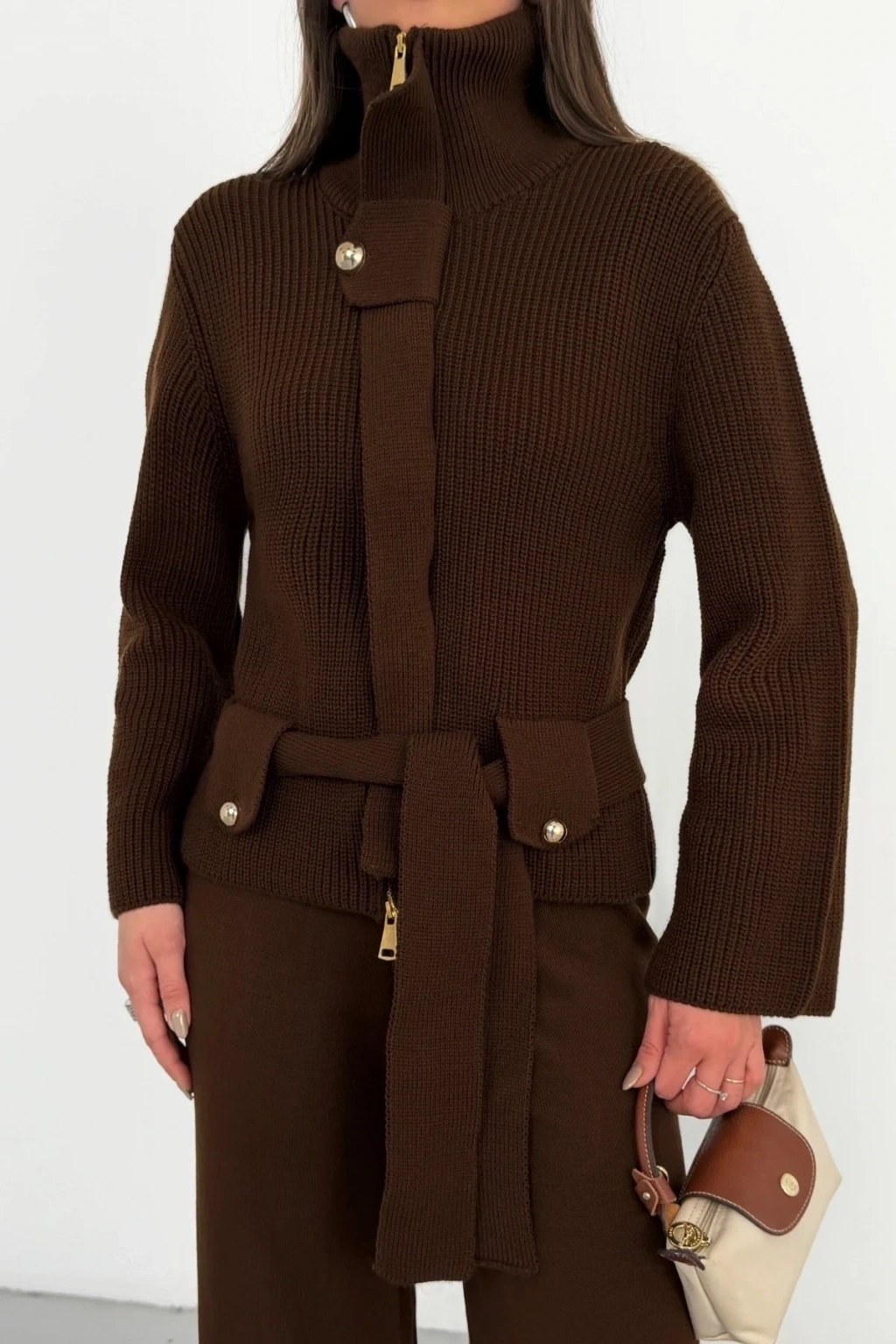 Kadın Acı Kahverengi Dik Yaka Kuşaklı Premium Kalite Triko Hırka Bol Paça Pantolon Triko Takım