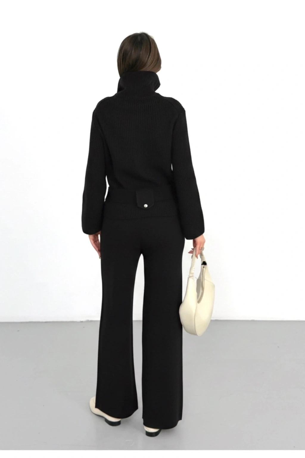 Kadın Siyah Dik Yaka Kuşaklı Premium Kalite Triko Hırka Bol Paça Pantolon Triko Takım