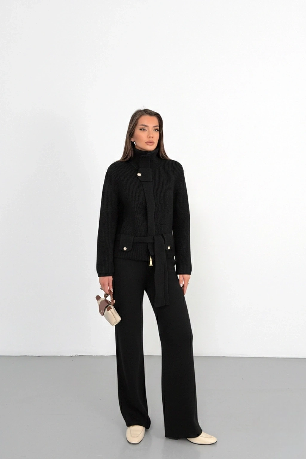 Kadın Siyah Dik Yaka Kuşaklı Premium Kalite Triko Hırka Bol Paça Pantolon Triko Takım