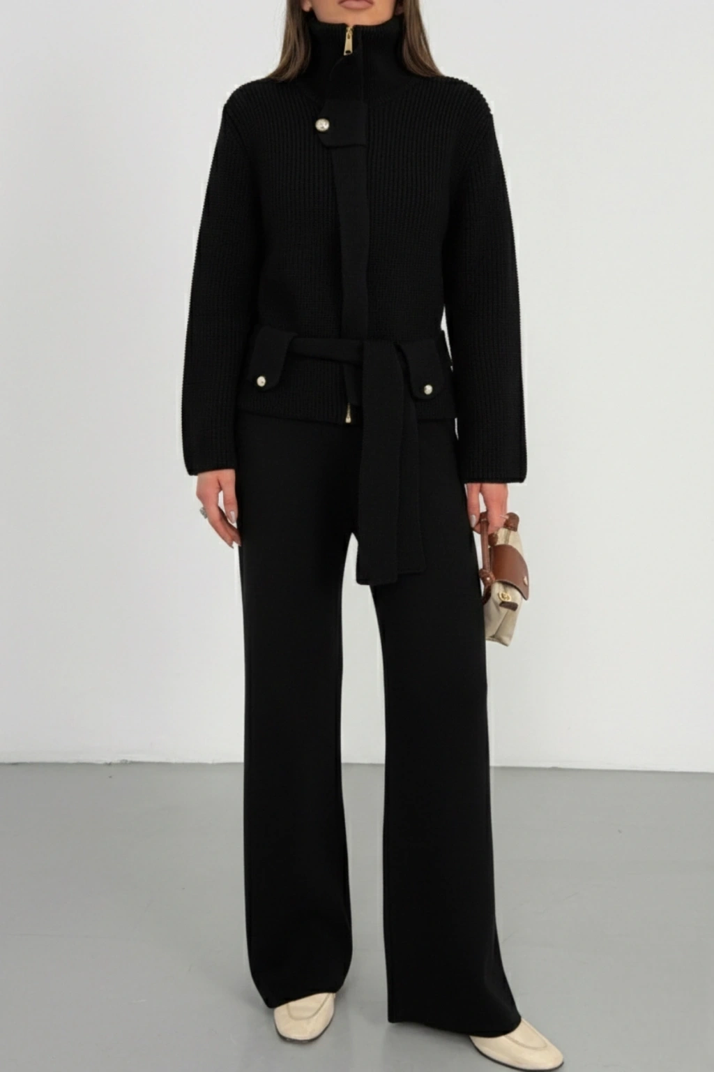 Kadın Siyah Dik Yaka Kuşaklı Premium Kalite Triko Hırka Bol Paça Pantolon Triko Takım