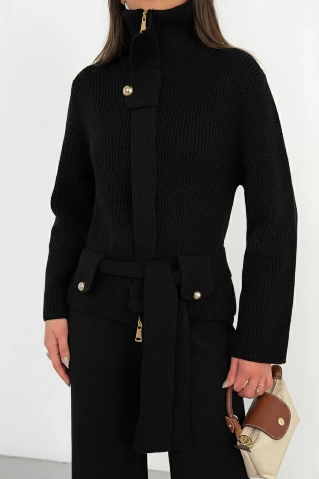 Kadın Siyah Dik Yaka Kuşaklı Premium Kalite Triko Hırka Bol Paça Pantolon Triko Takım