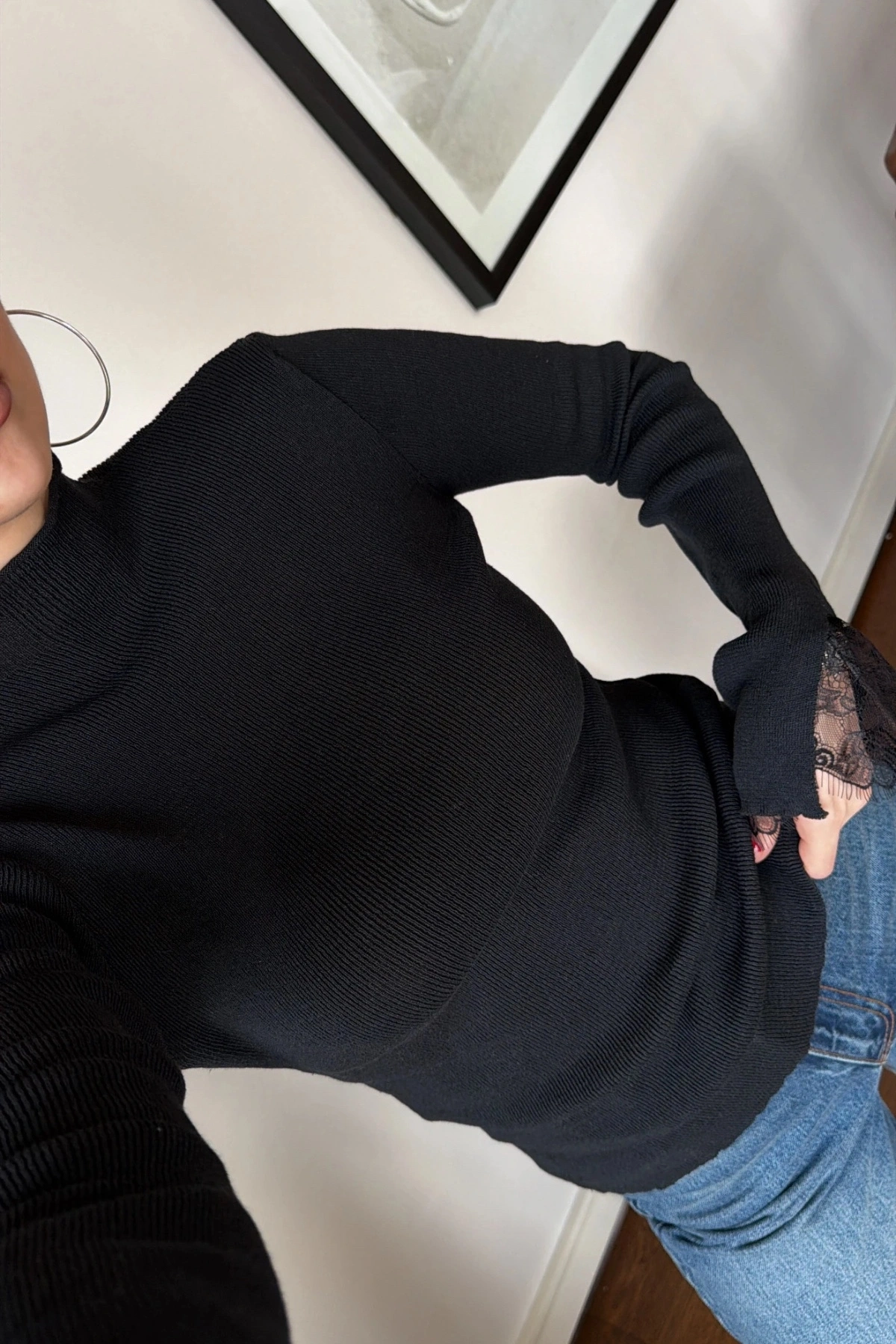 Kadın Siyah Yarım Balıkçı Yaka Dantel Kol Detaylı Fitilli Triko Bluz (S/M Beden)