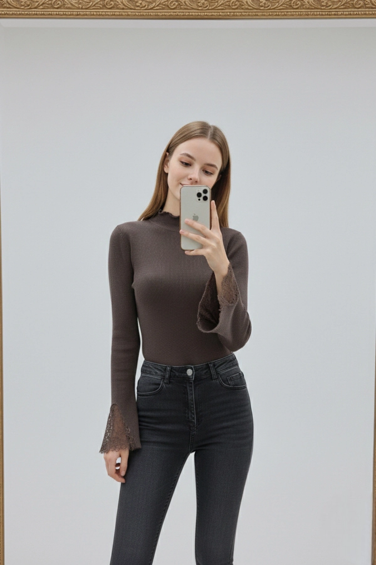 Kadın Acı Kahve Yarım Balıkçı Yaka Dantel Kol Detaylı Fitilli Triko Bluz (S/M Beden)