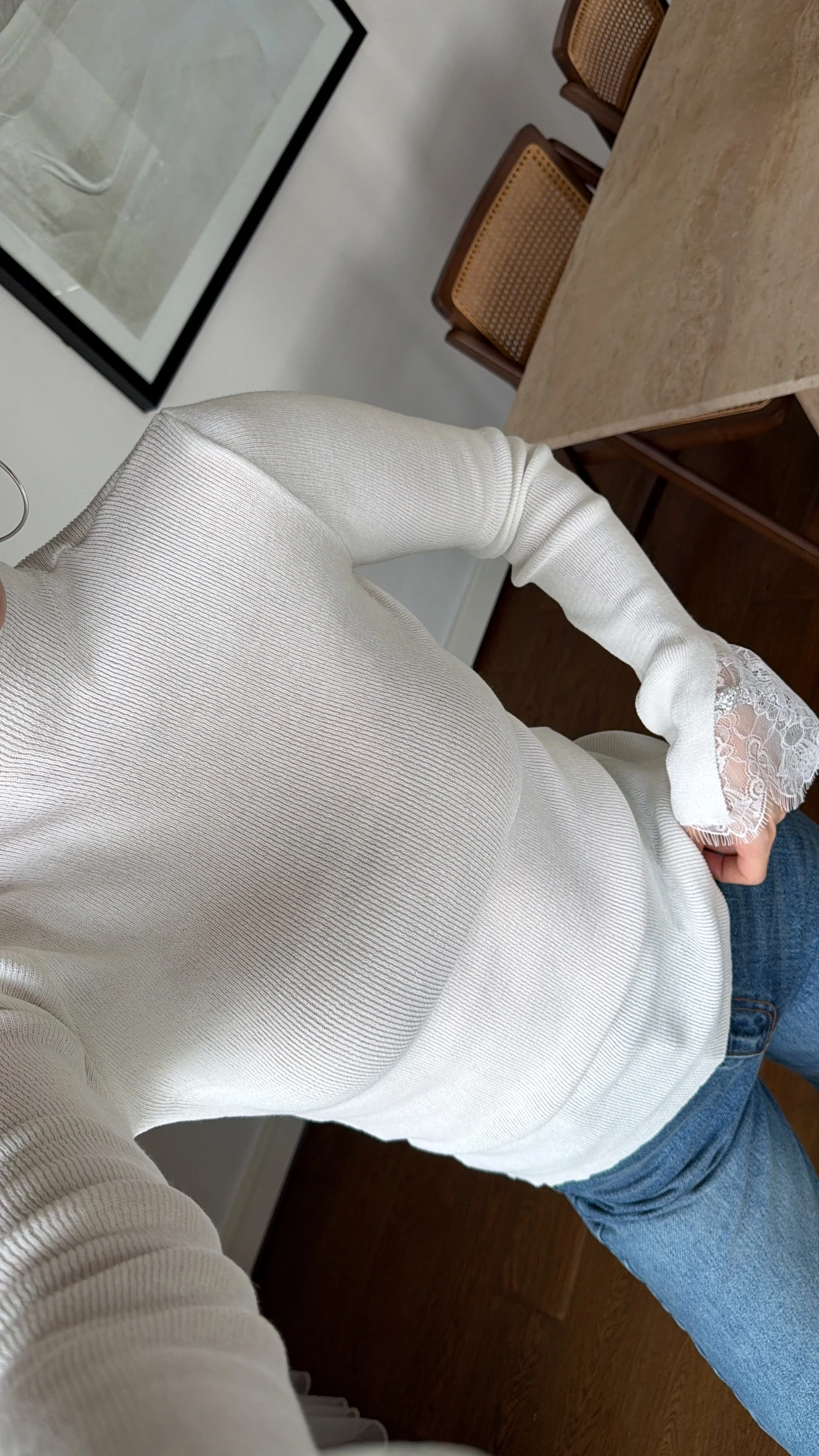 Kadın Beyaz Yarım Balıkçı Yaka Dantel Kol Detaylı Fitilli Triko Bluz (S/M Beden)