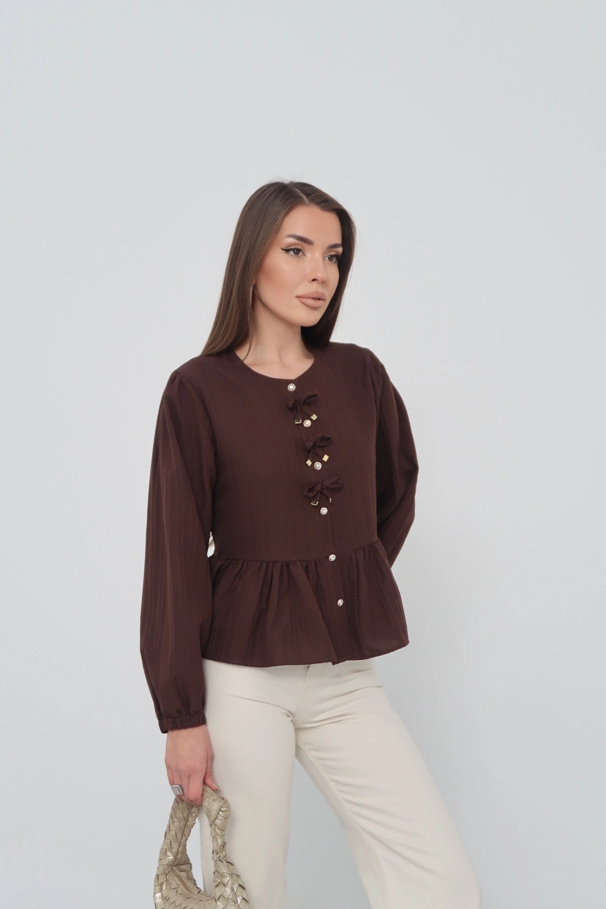 Kadın Acı Kahverengi Fiyonk Detaylı Düğmeli Uzun Kol Gömlek Bluz
