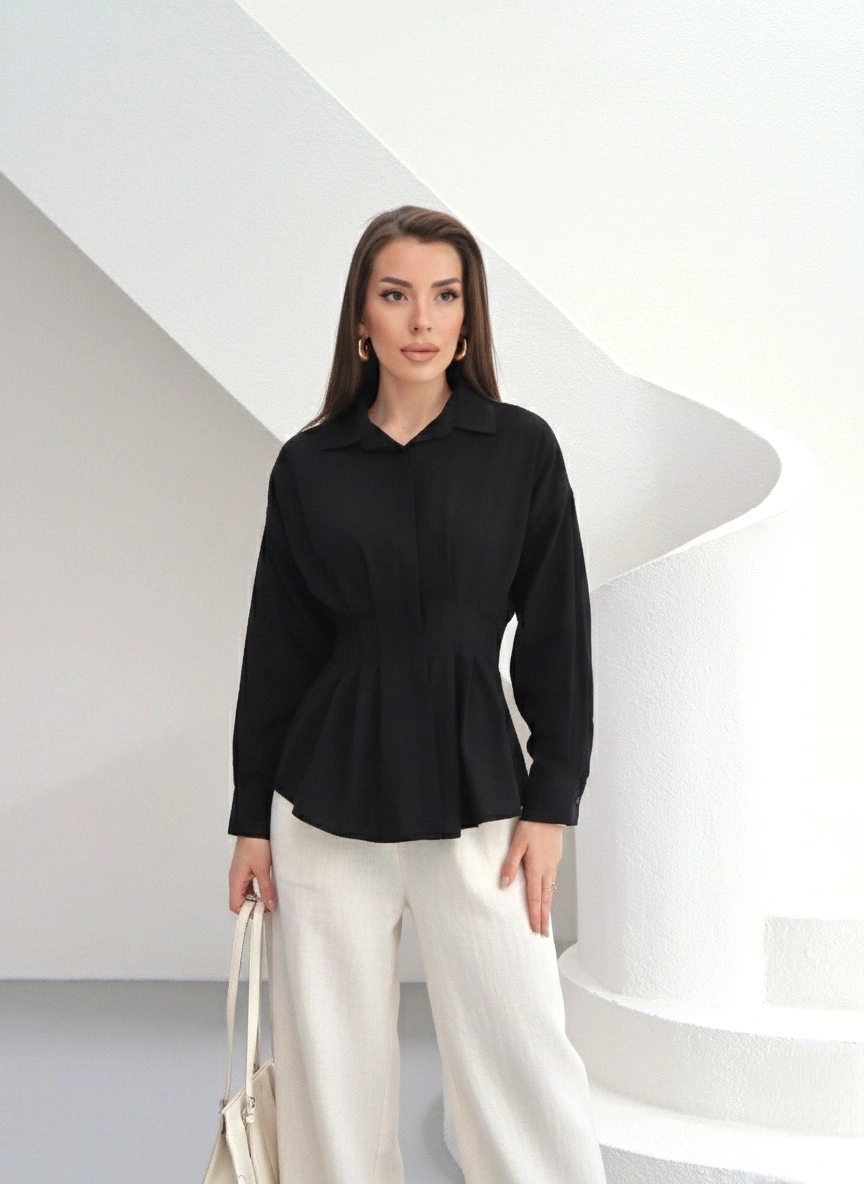 Kadın Siyah Şık Belden Oturmalı Pensli Uzun Kol Gömlek