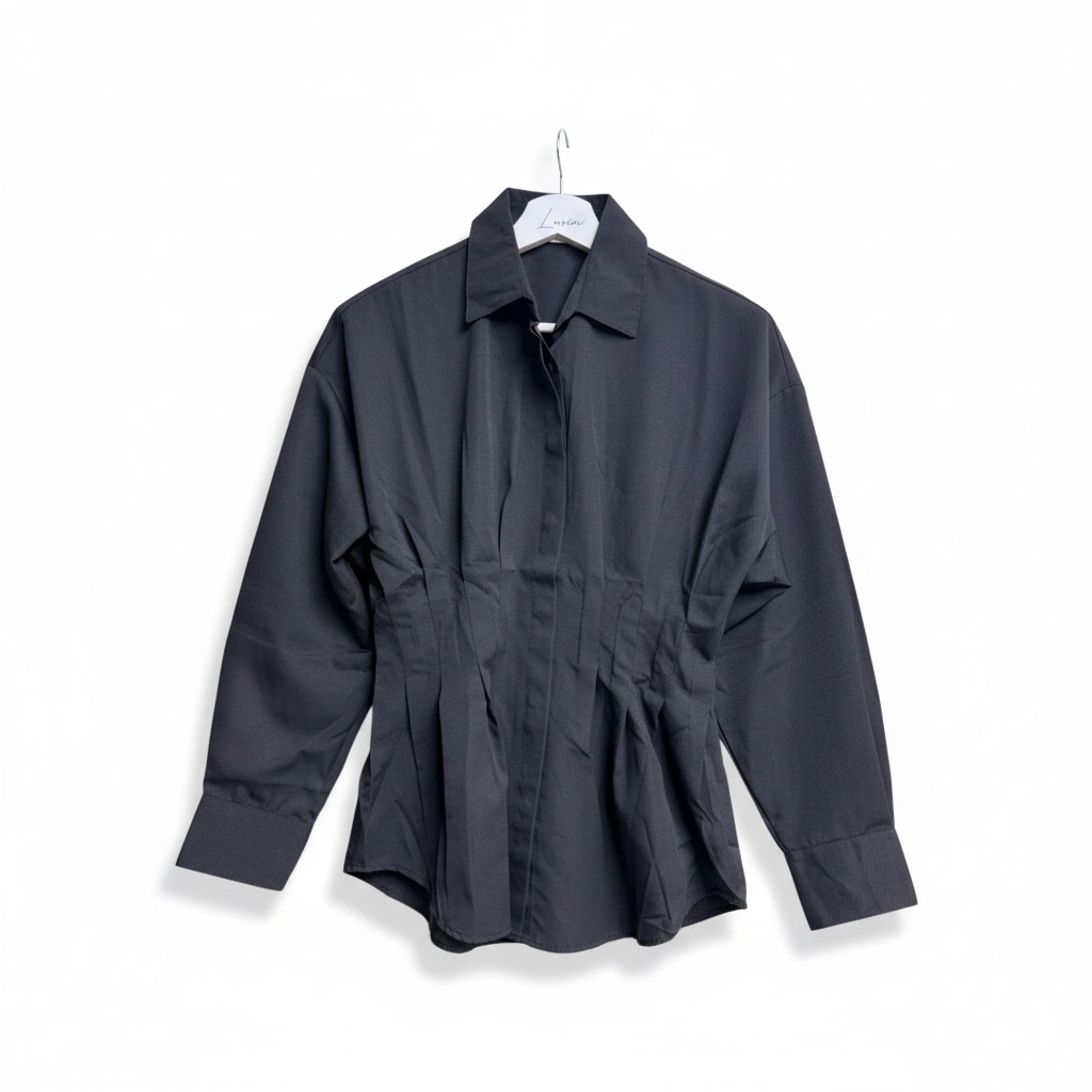 Kadın Siyah Şık Belden Oturmalı Pensli Uzun Kol Gömlek