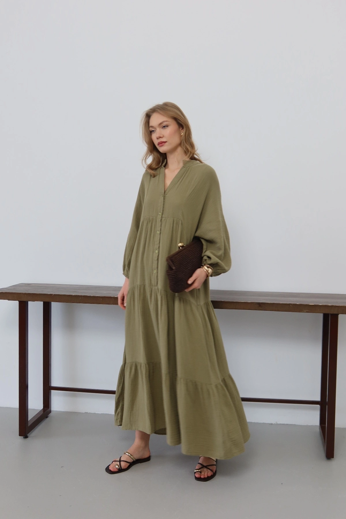 Kadın Haki Bohem Tarz Müslin Kumaş Rahat Kalıp Astarlı Uzun Şık Bayramlık Elbise