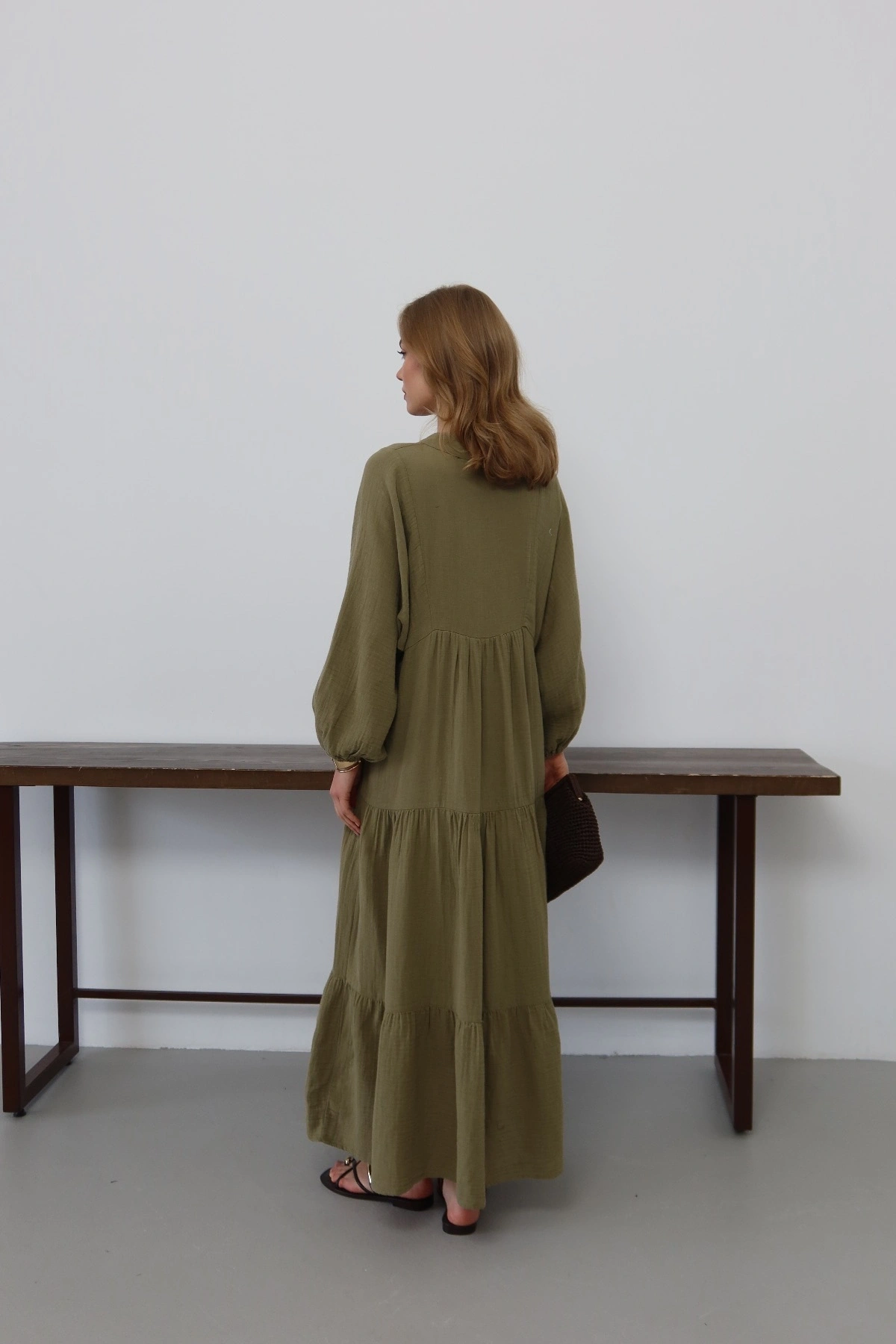 Kadın Haki Bohem Tarz Müslin Kumaş Rahat Kalıp Astarlı Uzun Şık Bayramlık Elbise