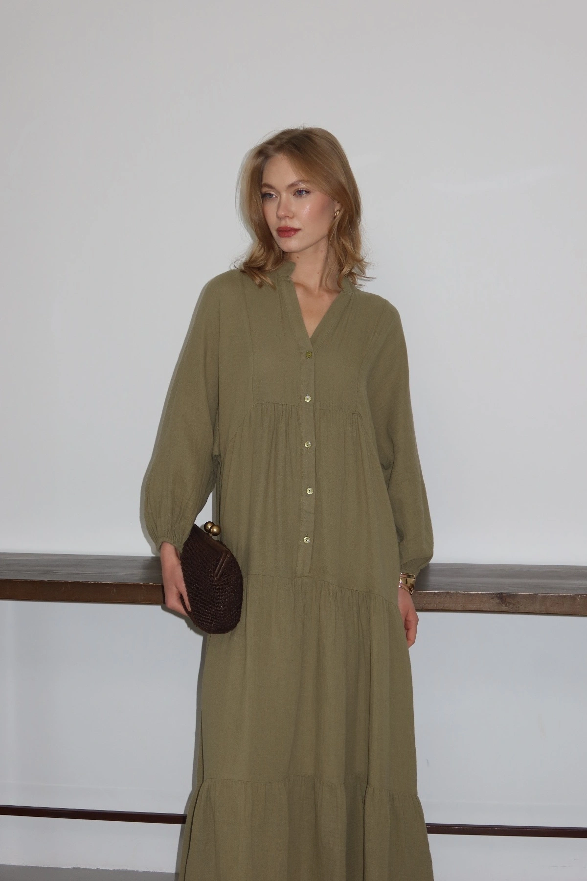 Kadın Haki Bohem Tarz Müslin Kumaş Rahat Kalıp Astarlı Uzun Şık Bayramlık Elbise