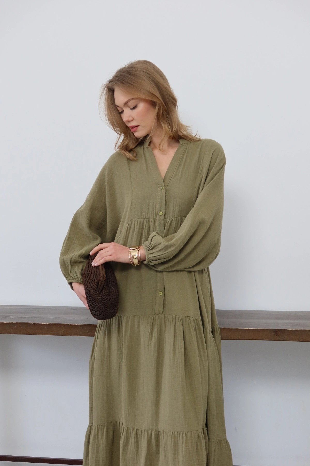 Kadın Haki Bohem Tarz Müslin Kumaş Rahat Kalıp Astarlı Uzun Şık Bayramlık Elbise