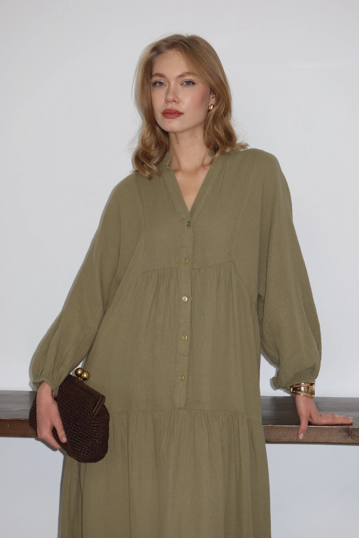 Kadın Haki Bohem Tarz Müslin Kumaş Rahat Kalıp Astarlı Uzun Şık Bayramlık Elbise