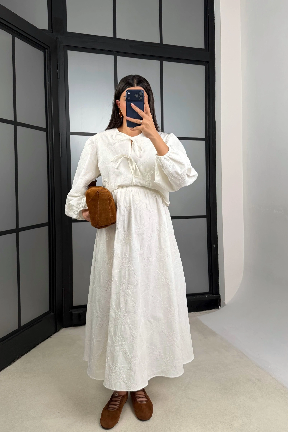 Kadın Ekru Çiçek Nakışlı Gömlek Beli Lastikli Etek Bluz İkili Takım