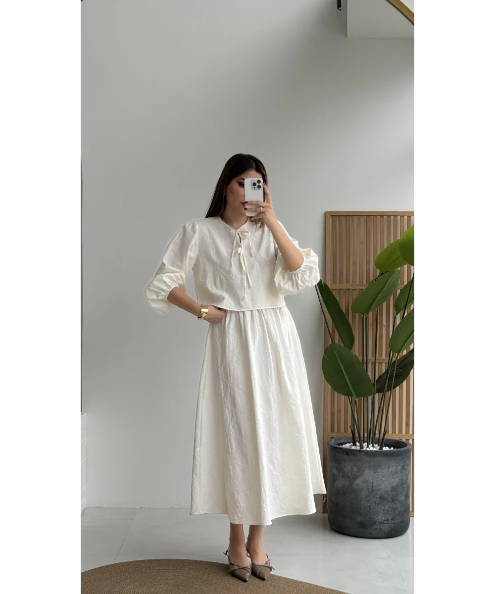 Kadın Ekru Çiçek Nakışlı Gömlek Beli Lastikli Etek Bluz İkili Takım