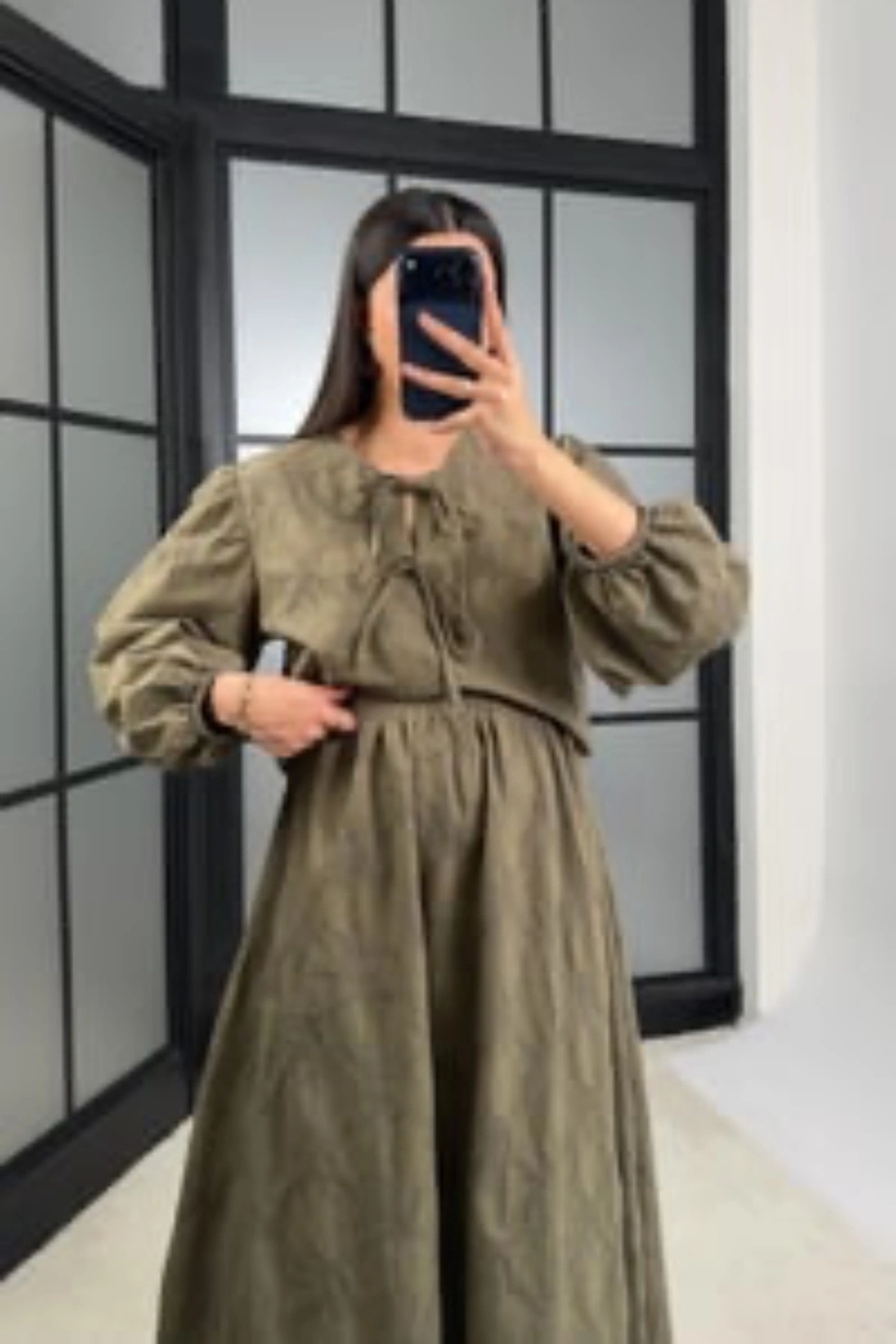 Kadın Haki Çiçek Nakışlı Gömlek Beli Lastikli Etek Bluz İkili Takım