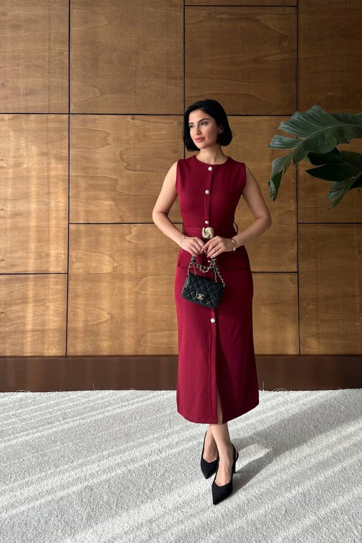 Kadın Bordo Şık Kemer Detaylı Kolsuz Slim Midi Boy elbise