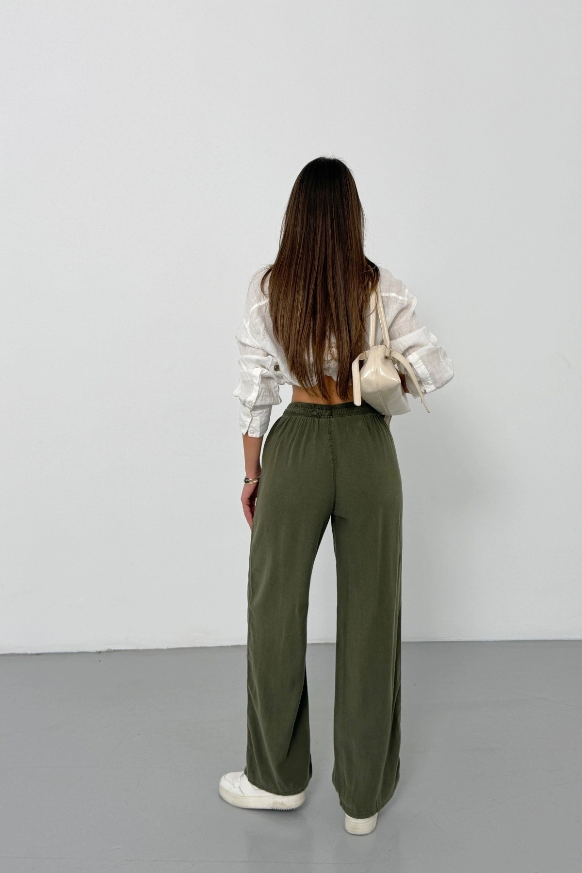 Kadın Haki Yüksek Bel Beli Lastikli Bağcıklı Bol Paça Geniş Kesim Şık Cepli Premium Palazzo Pantolon