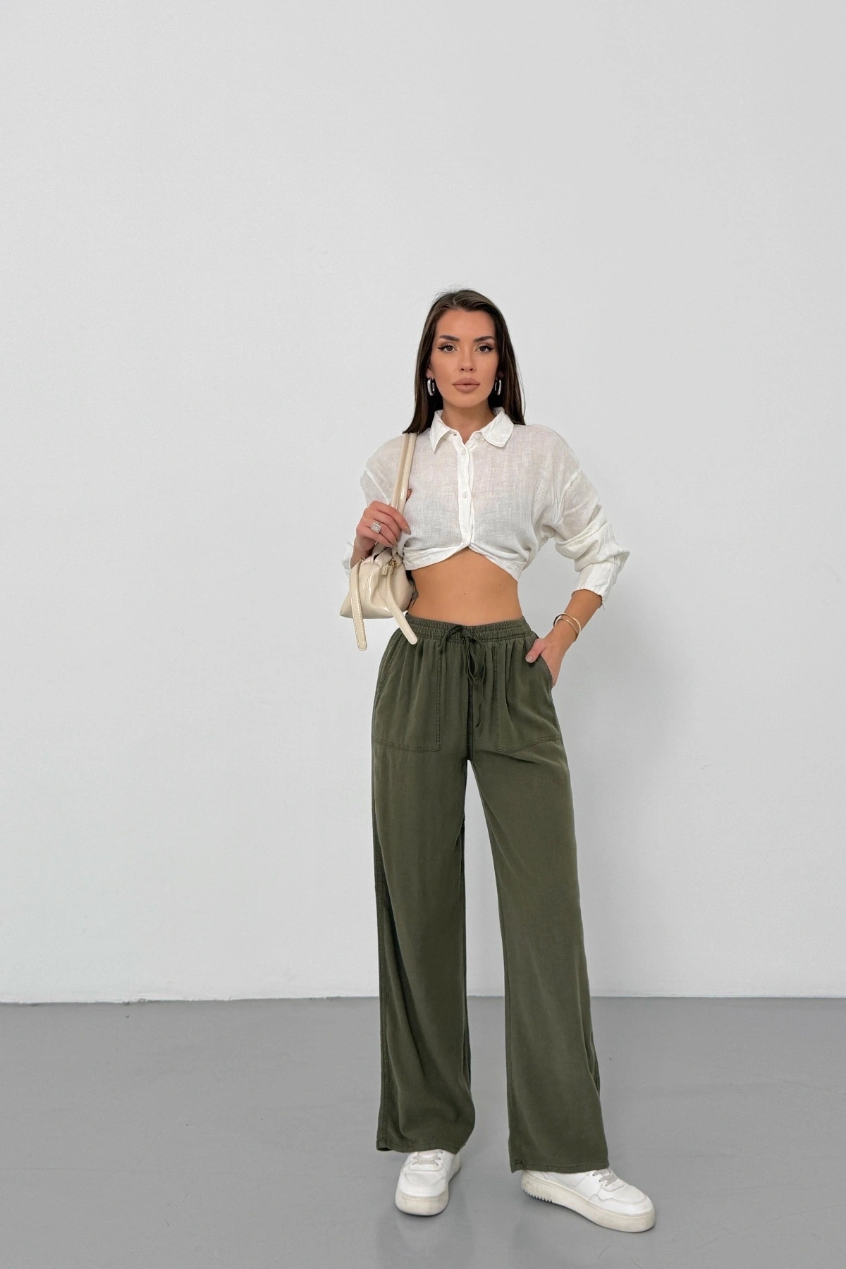 Kadın Haki Yüksek Bel Beli Lastikli Bağcıklı Bol Paça Geniş Kesim Şık Cepli Premium Palazzo Pantolon