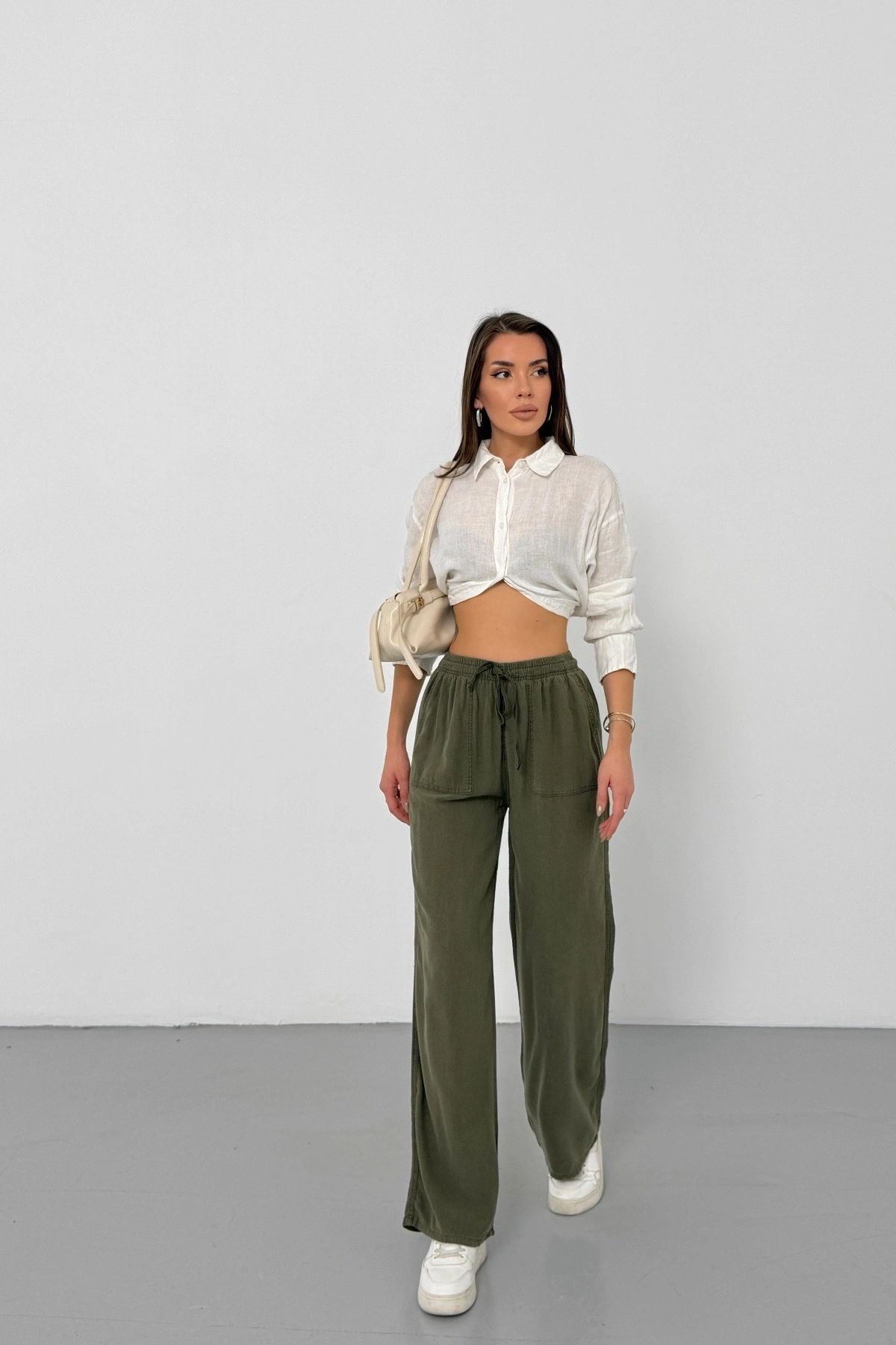 Kadın Haki Yüksek Bel Beli Lastikli Bağcıklı Bol Paça Geniş Kesim Şık Cepli Premium Palazzo Pantolon