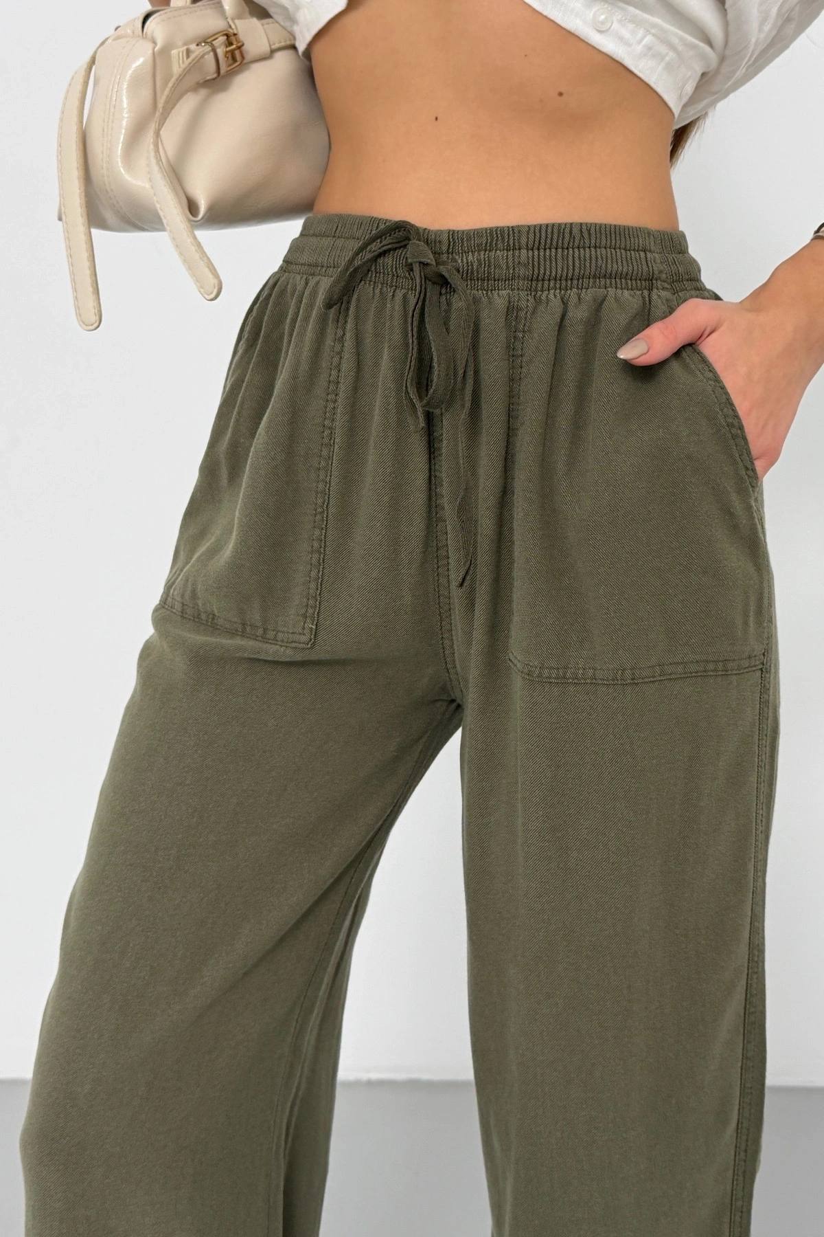 Kadın Haki Yüksek Bel Beli Lastikli Bağcıklı Bol Paça Geniş Kesim Şık Cepli Premium Palazzo Pantolon