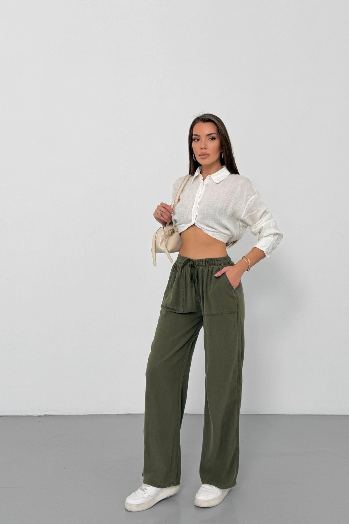 Kadın Haki Yüksek Bel Beli Lastikli Bağcıklı Bol Paça Geniş Kesim Şık Cepli Premium Palazzo Pantolon