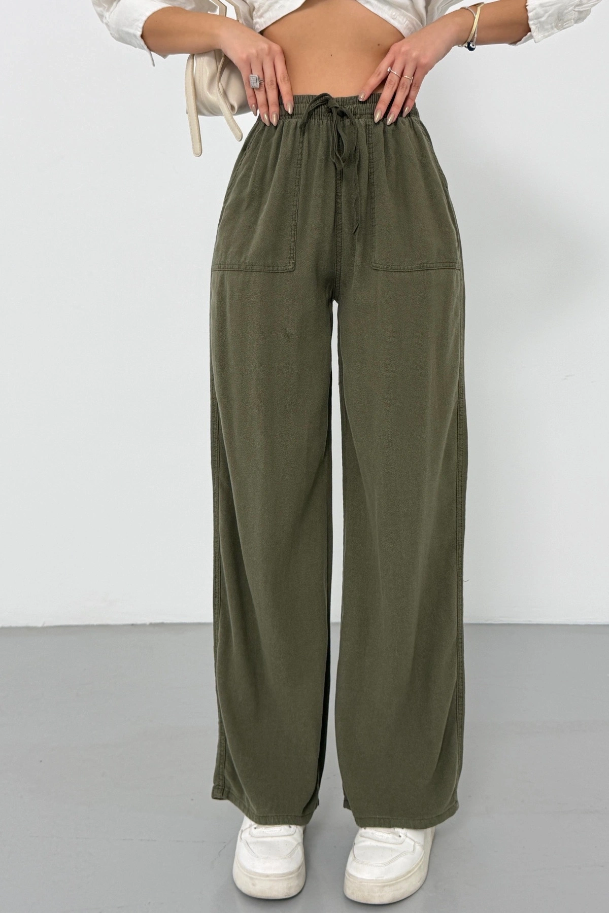 Kadın Haki Yüksek Bel Beli Lastikli Bağcıklı Bol Paça Geniş Kesim Şık Cepli Premium Palazzo Pantolon