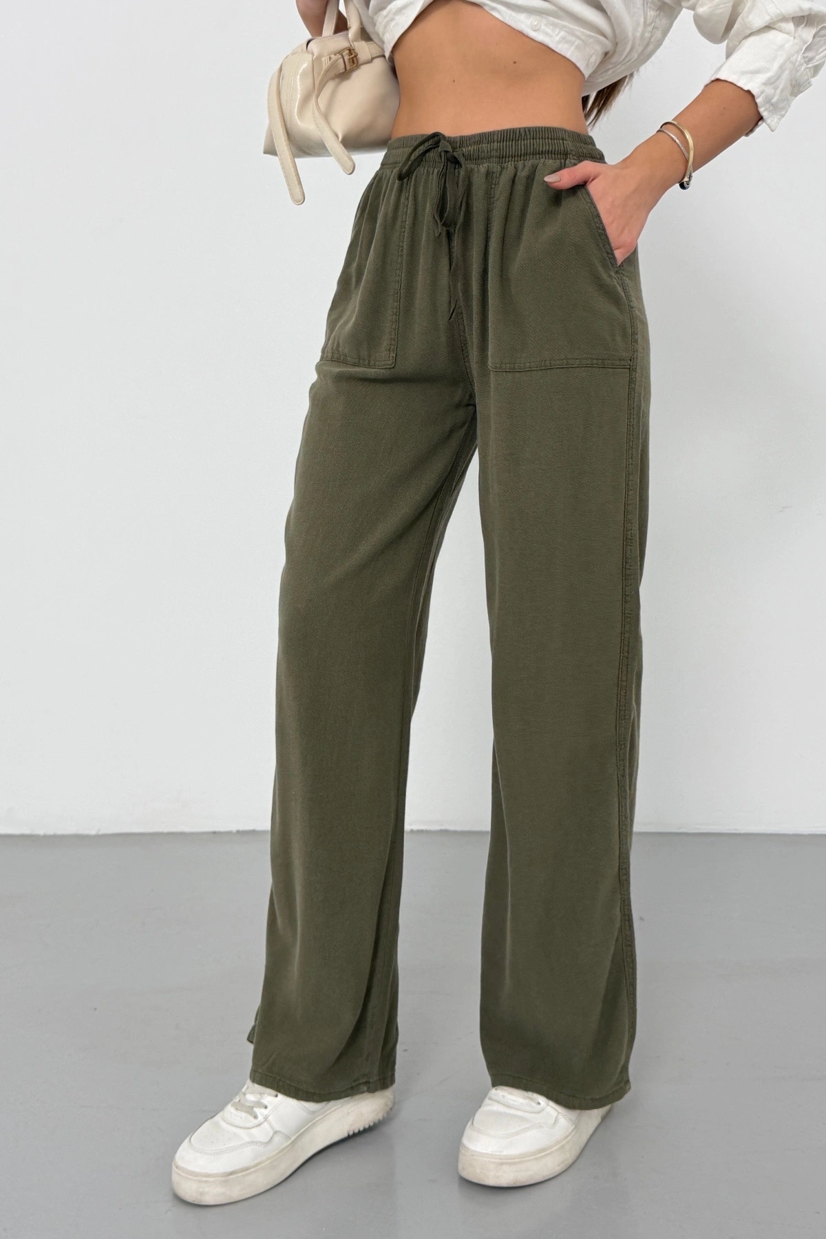 Kadın Haki Yüksek Bel Beli Lastikli Bağcıklı Bol Paça Geniş Kesim Şık Cepli Premium Palazzo Pantolon